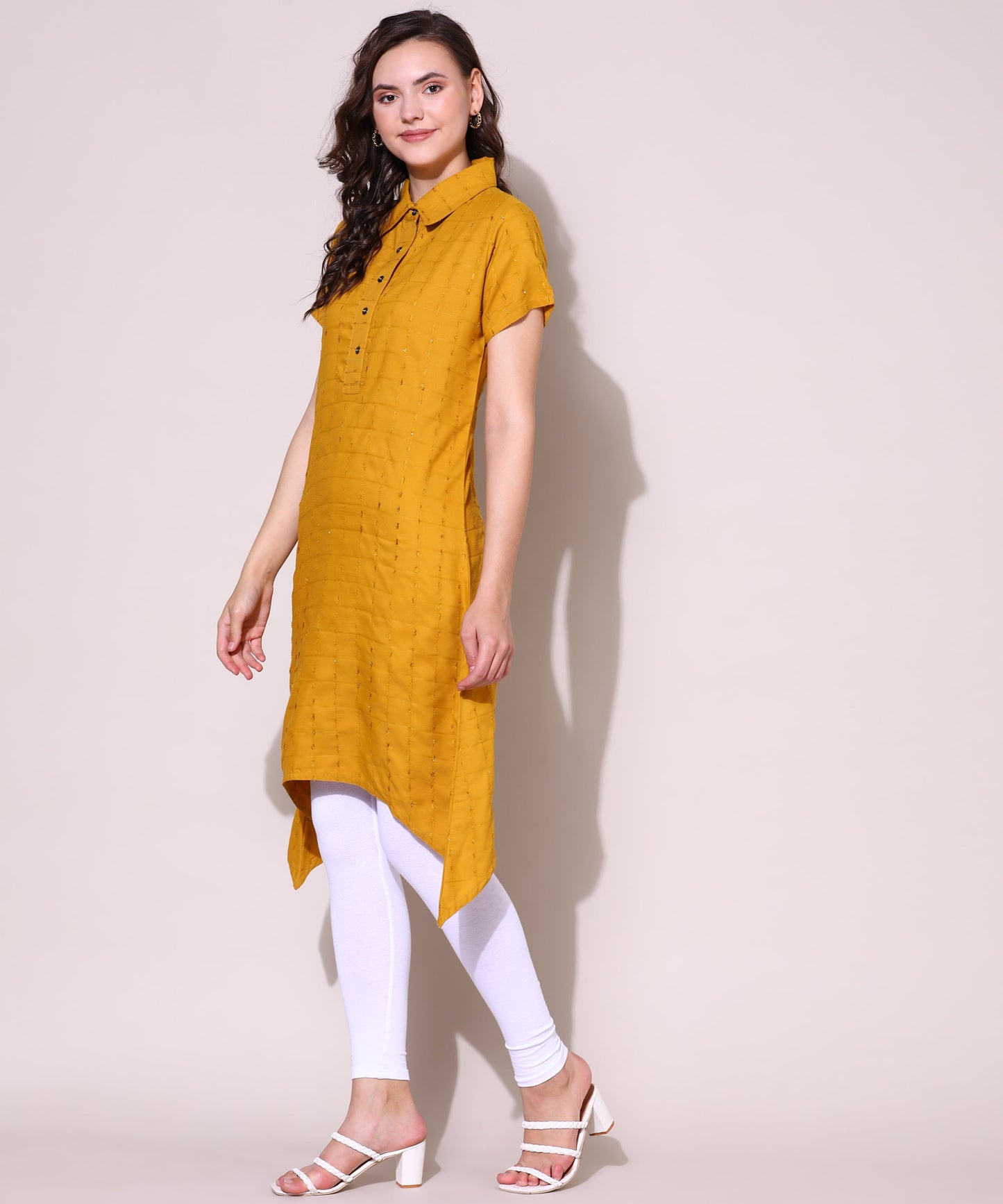 Check Style Stylish Lurex Weave Designer Kurti , Yellow