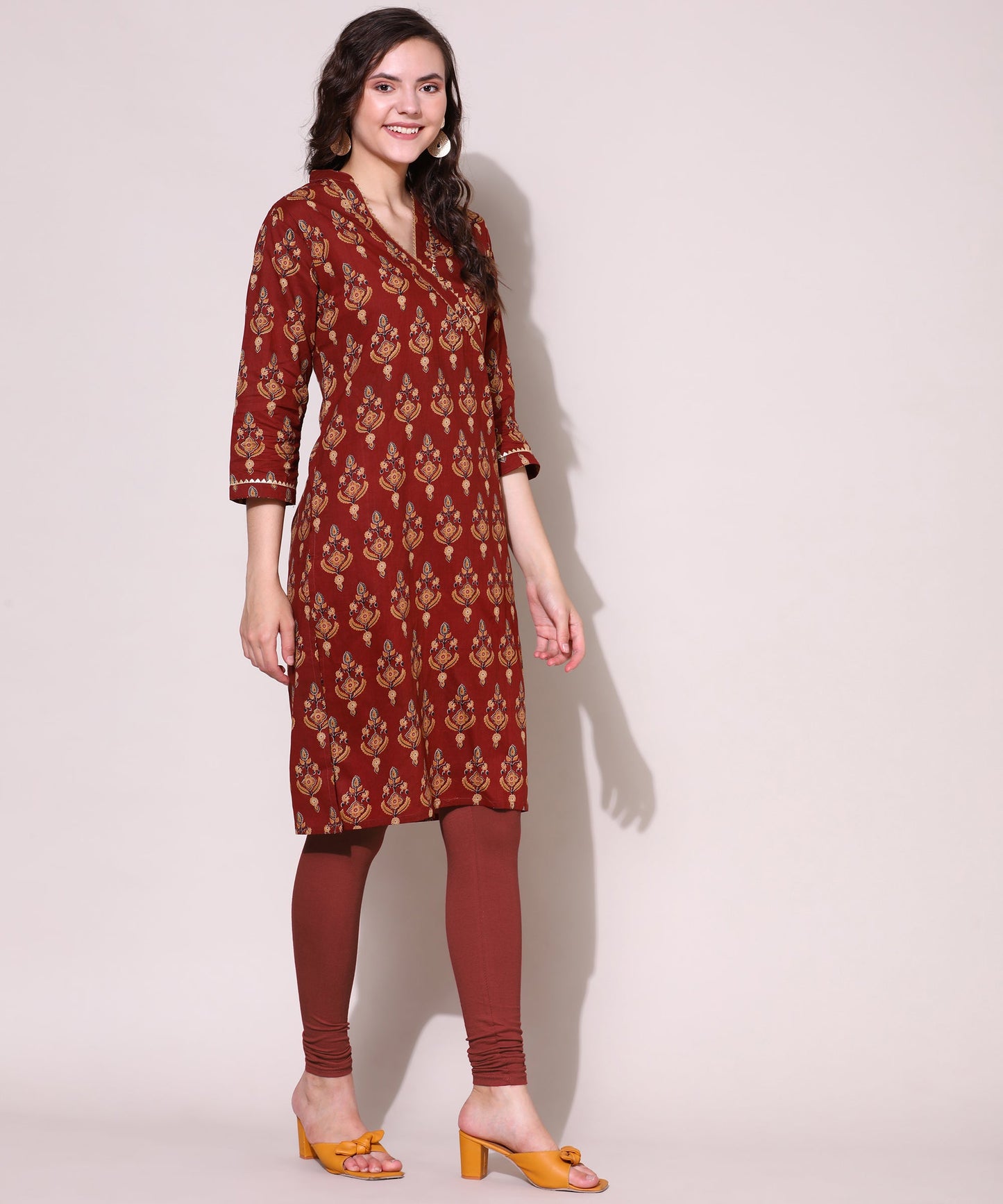 Printed Golden Lace Work Block Print Kurti For Women , Red