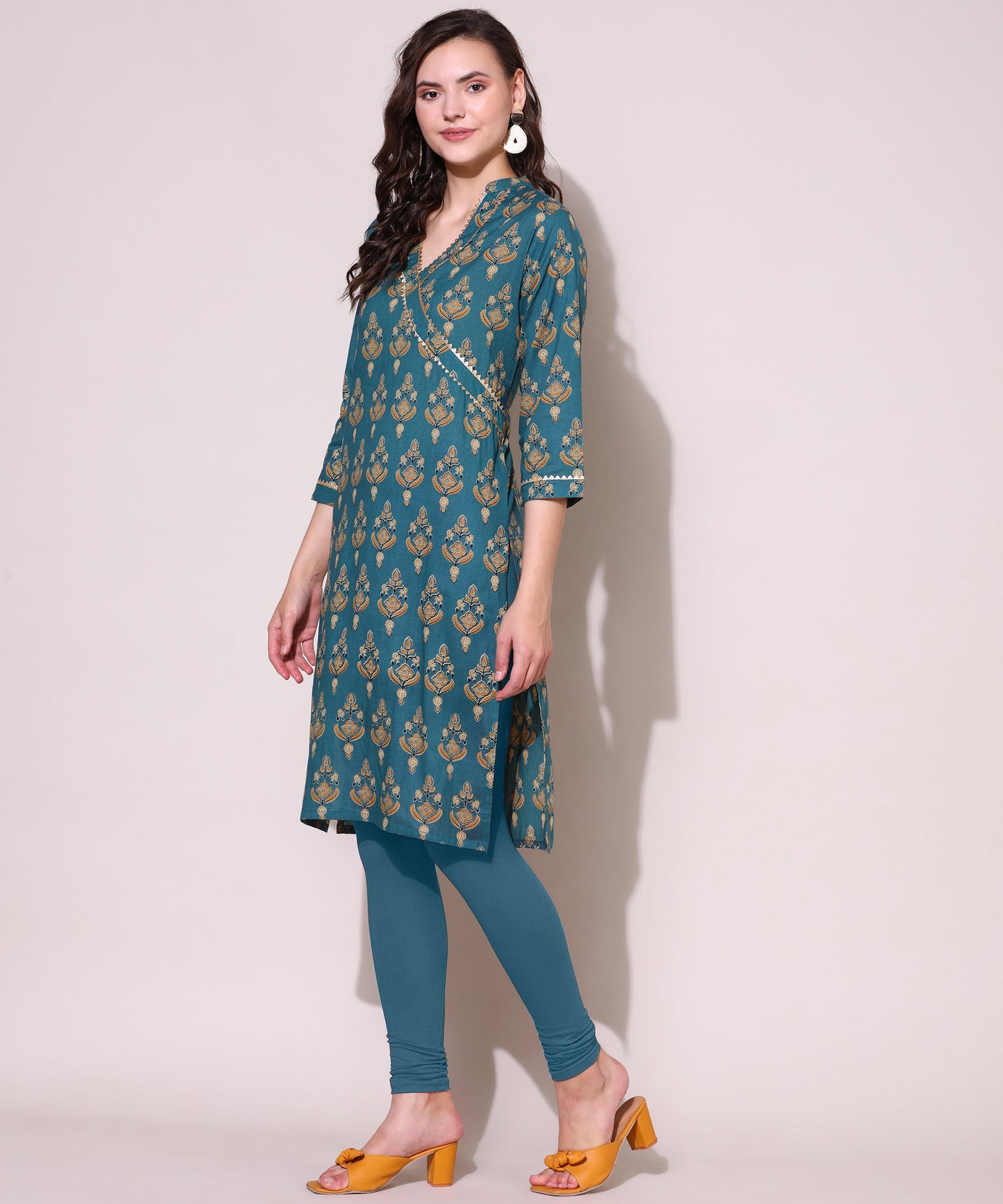 Printed Golden Lace Work Block Print Kurti For Women , Blue
