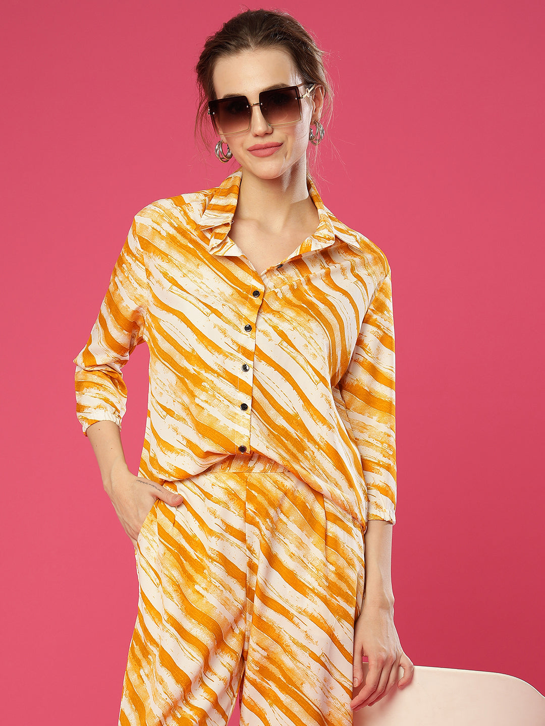 ANUSHIL Women's Co-ord Set | Effortless Elegance in Matching Top and Bottom | Printed Co-ord Set, Casual Wear, Outfit (Yellow)