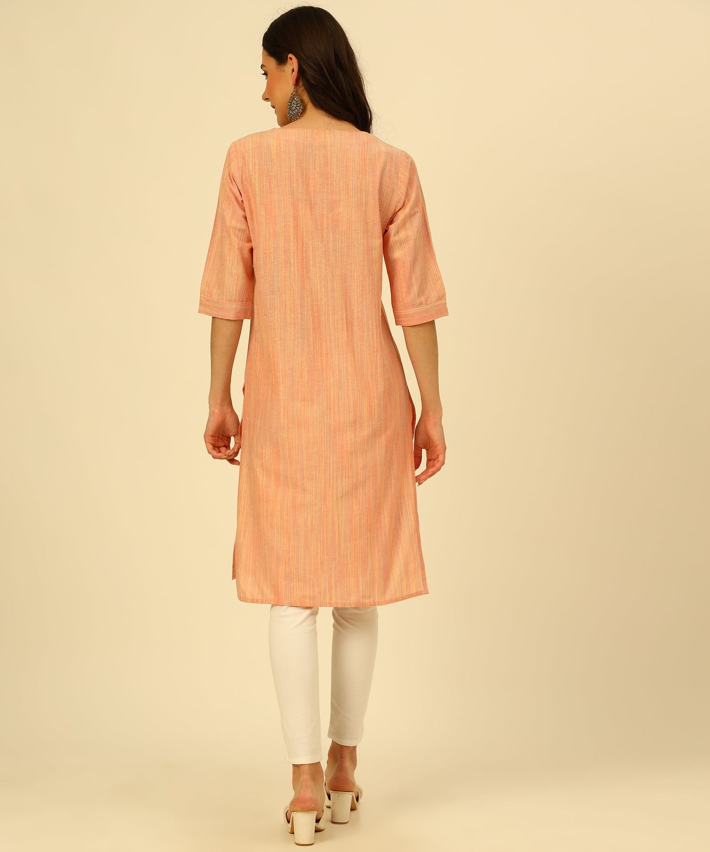Cotton Self Weaved Multi Colour Thread Kurta Design, Orange