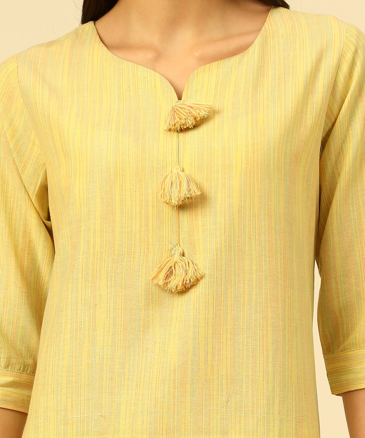 Cotton Self Weaved Multi Colour Thread Kurta Design, Yellow