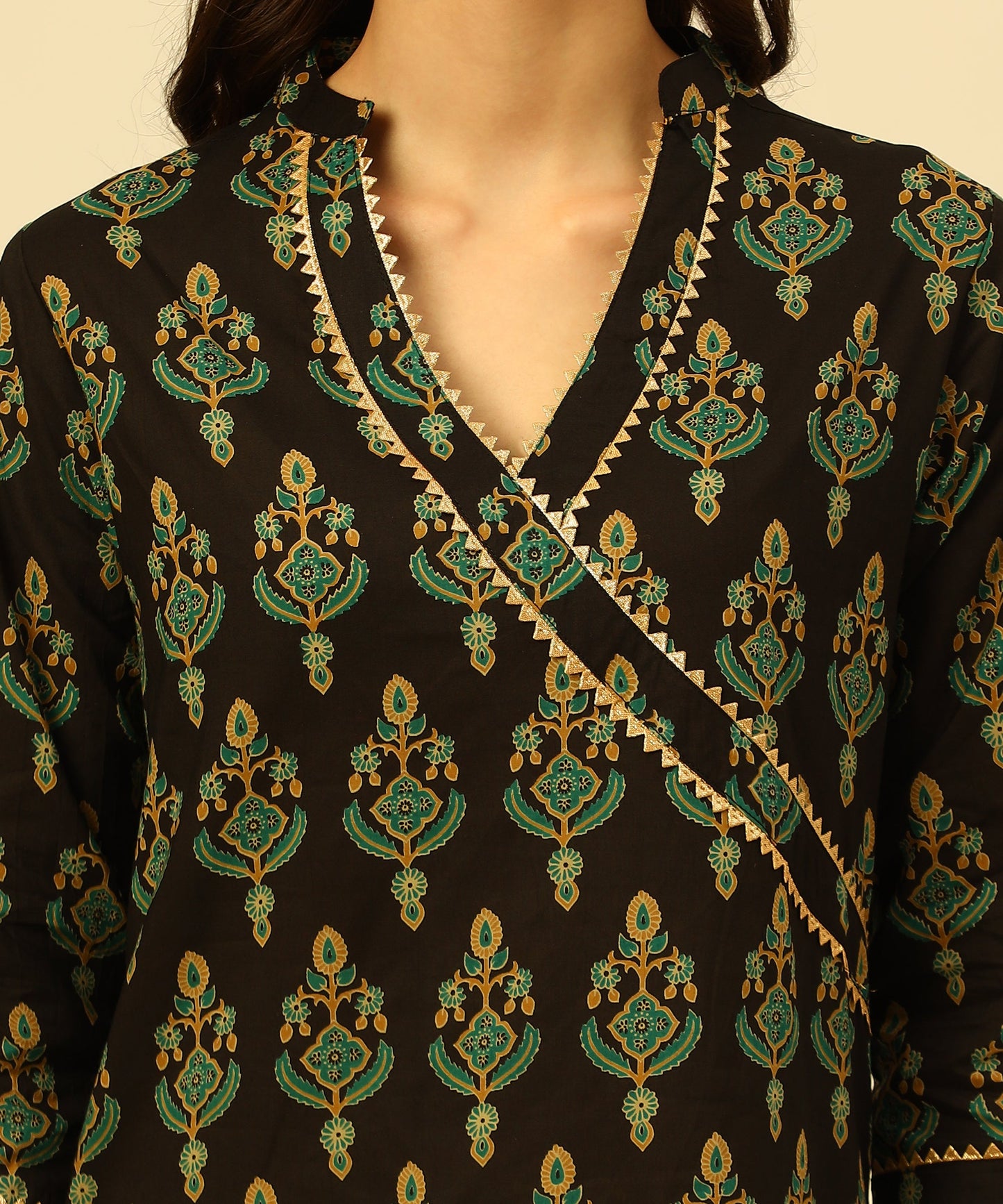 Printed Golden Lace Work Block Print Kurti For Women , Black