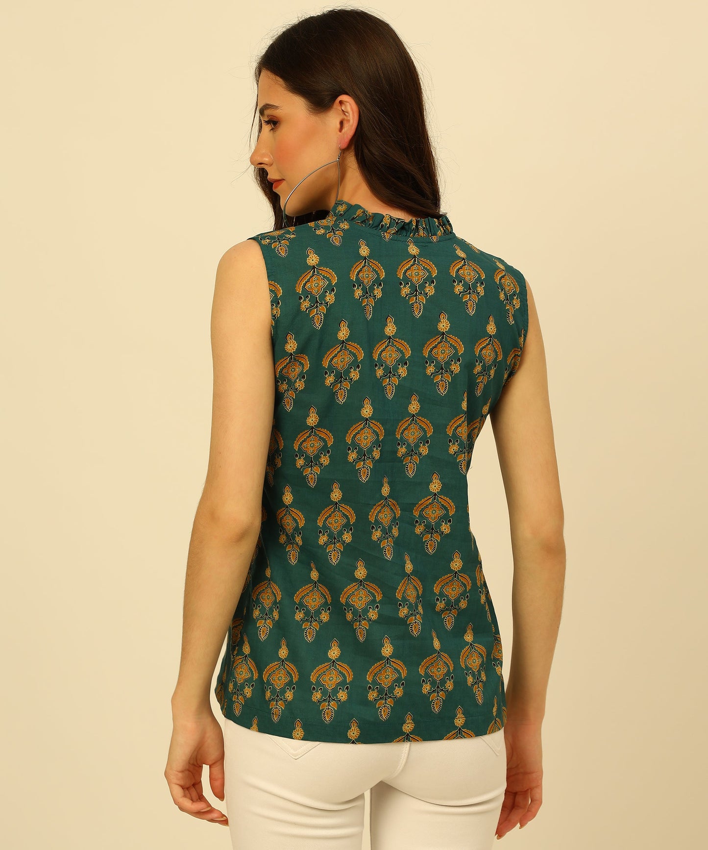 Cotton Printed Sleeveless Regular Fit Office Wear Casual Wear Top, Green