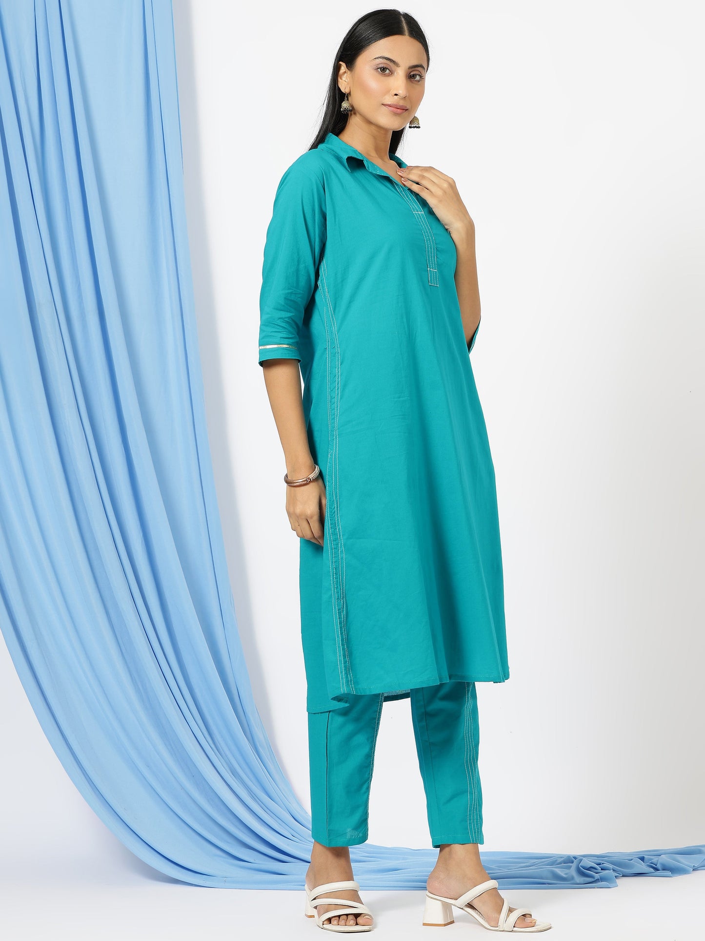 Solid Shirt Style Kurti with Pants(Blue)