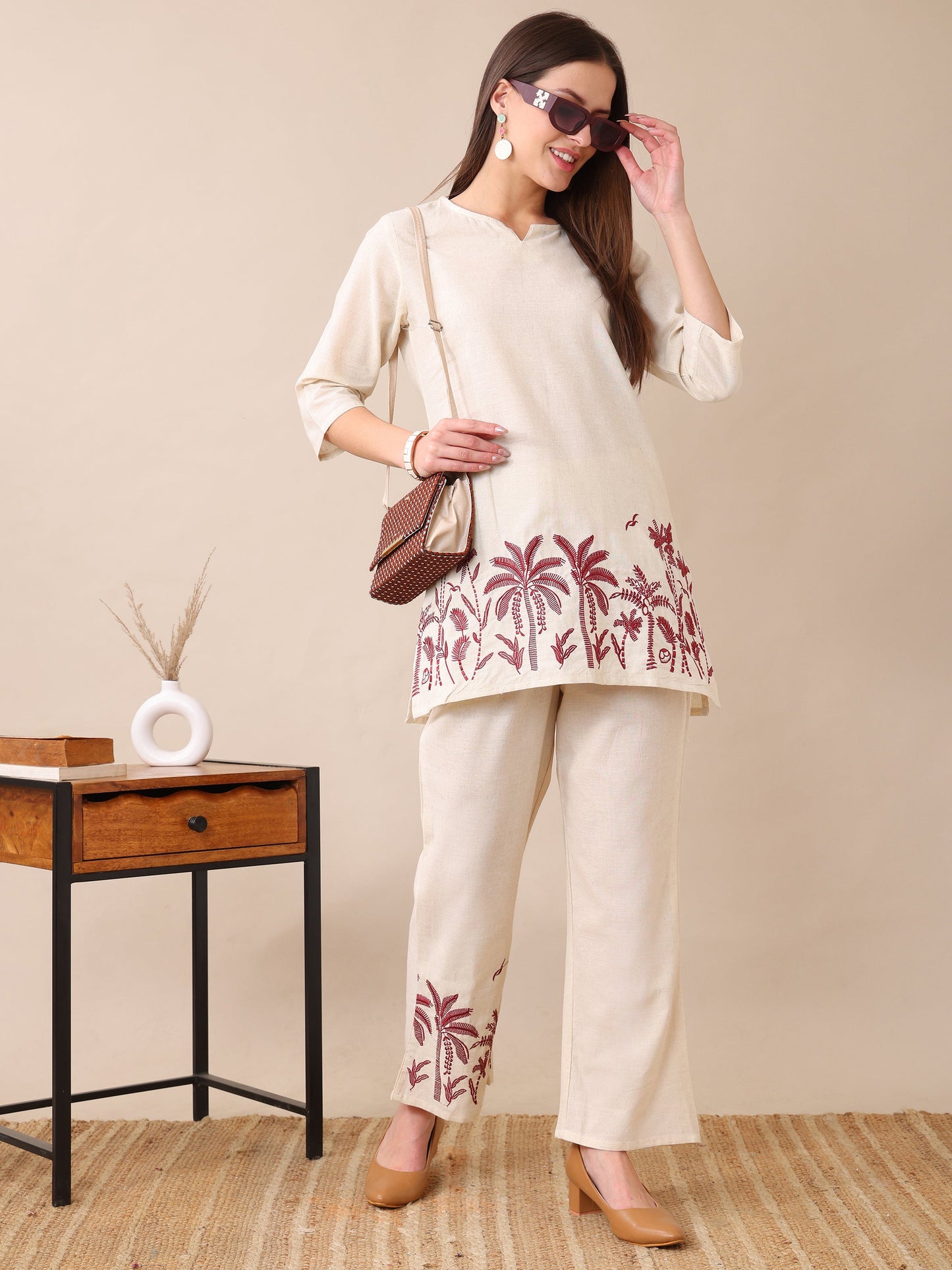 Women's Cotton Co-ord Set | Embroidery Kurta & Wide-Leg Pants | Stylish Ethnic Wear for Women | Casual & Festive Outfit | Summer Wear | Comfortable & Breathable Fabric(Maroon)