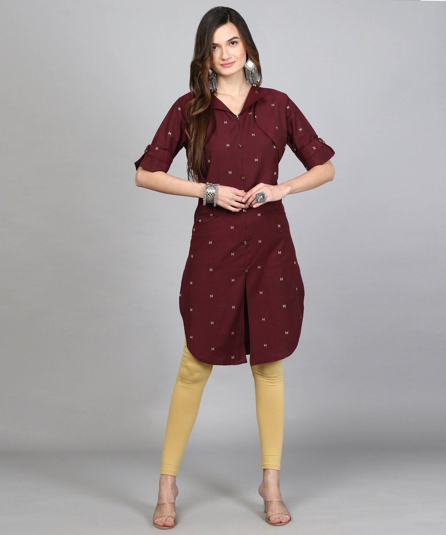 ANUSHIL Women Cotton Printed Center Slit Design V-Neck Elbow Sleeve Calf Length Kurti with Attached Koti (Maroon)