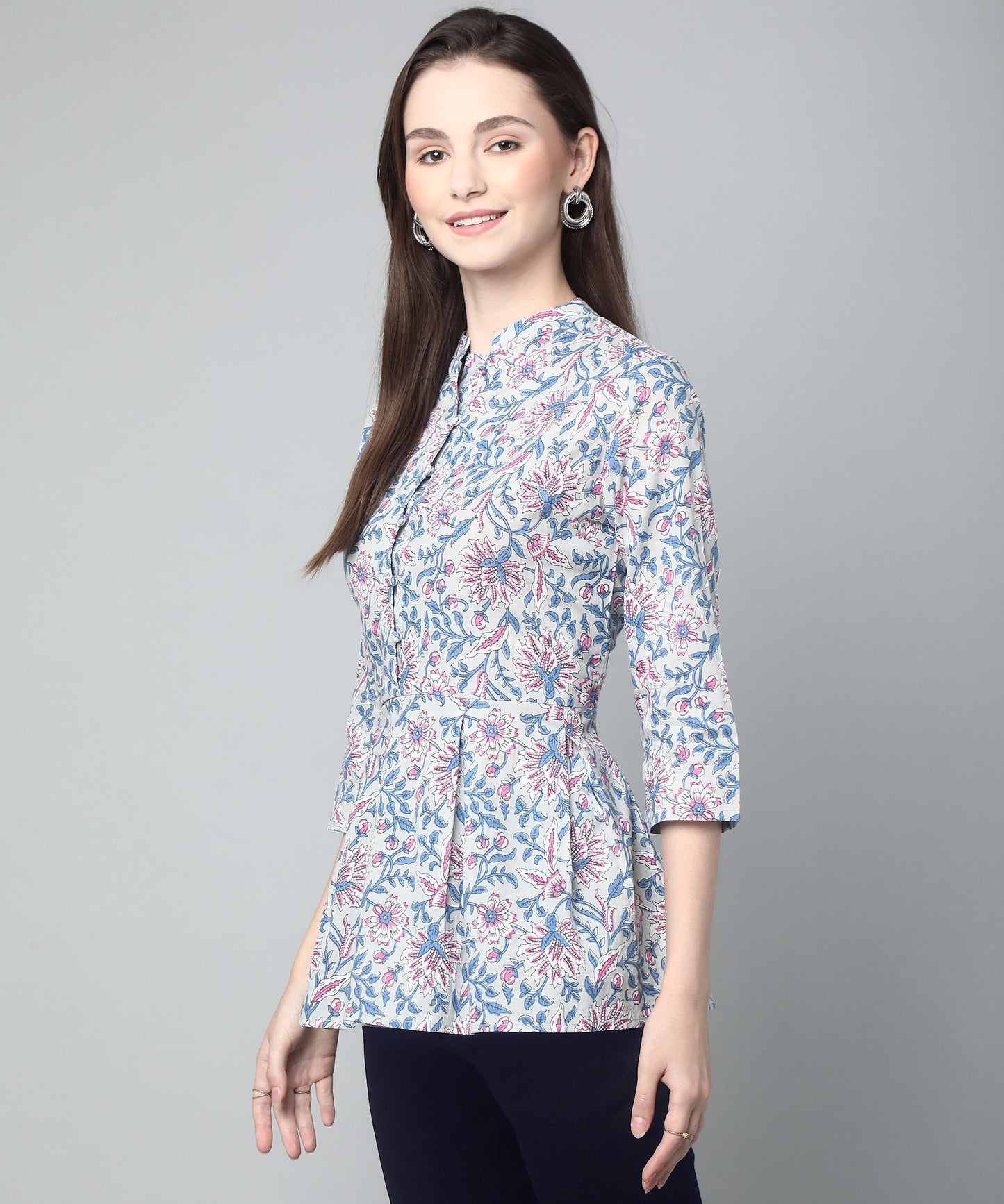 Printed Floral Cotton Peplum Top,Grey