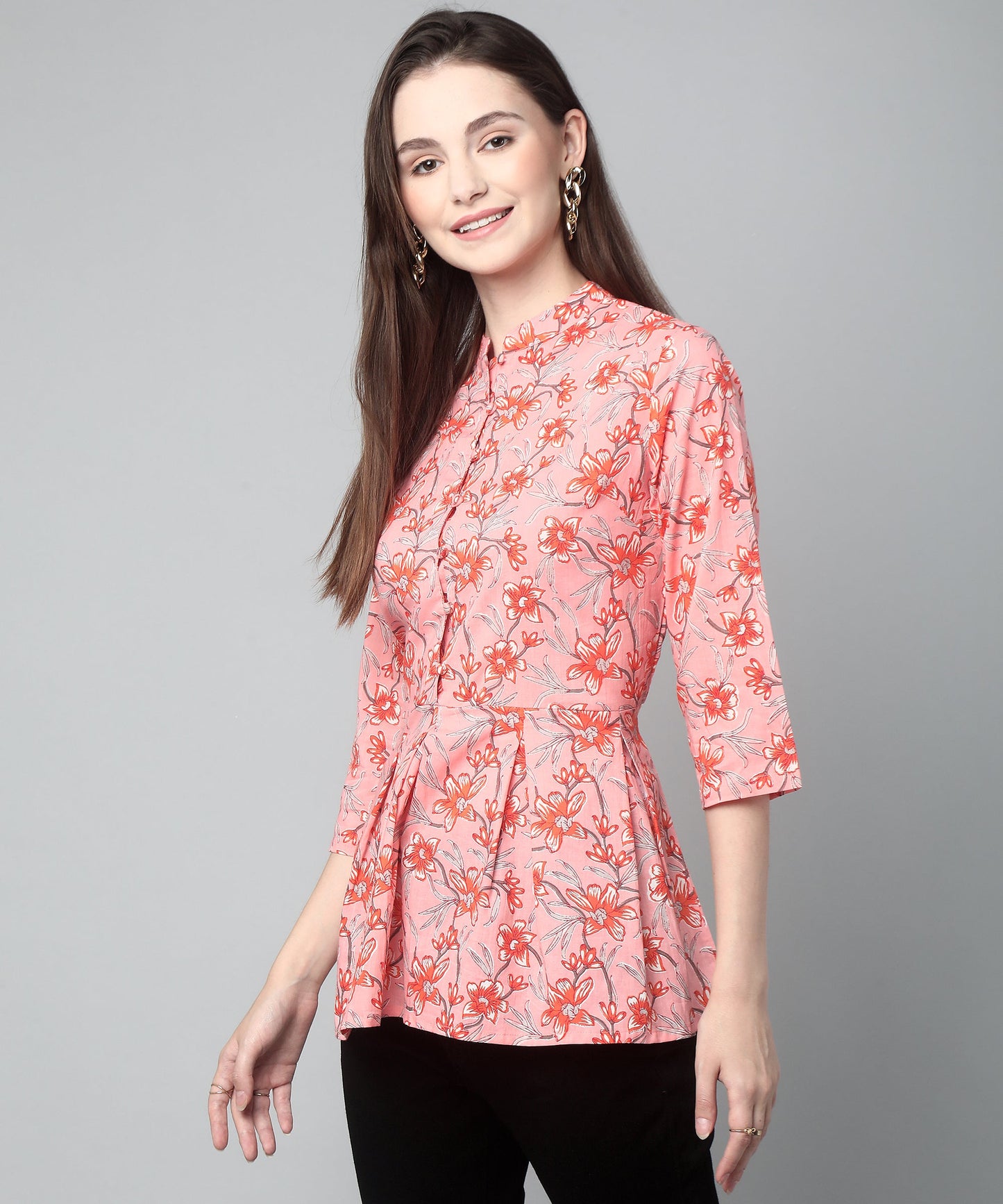 Printed Floral Cotton Peplum Top,Pink