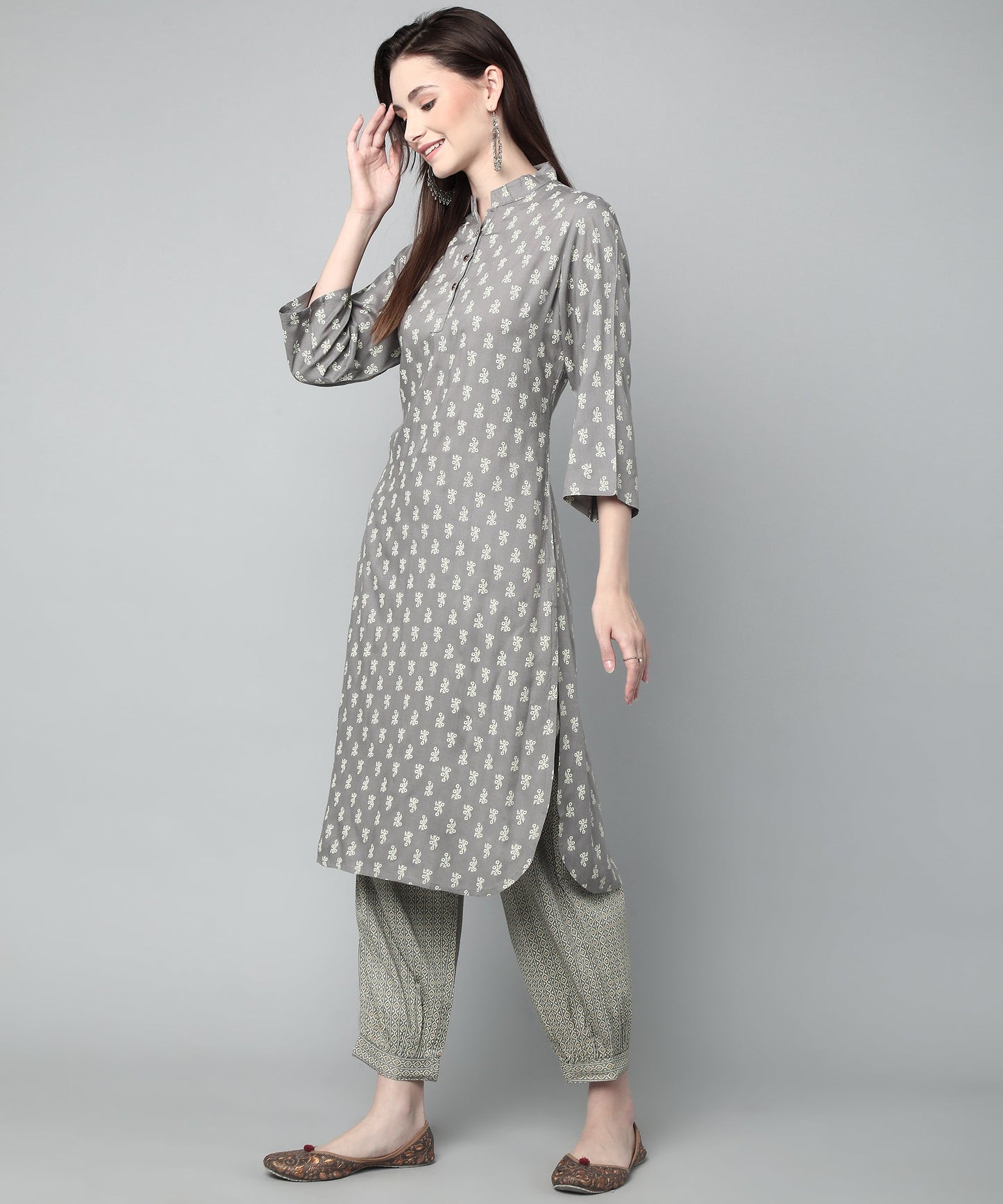 Printed Cotton Rayon Patiala Set, Grey