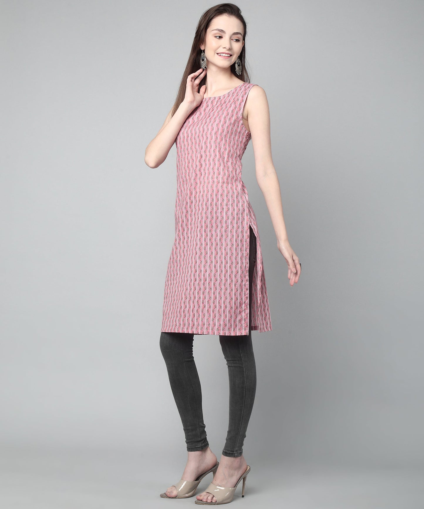 Sleeveless Striped Printed Cotton Kurta, Pink