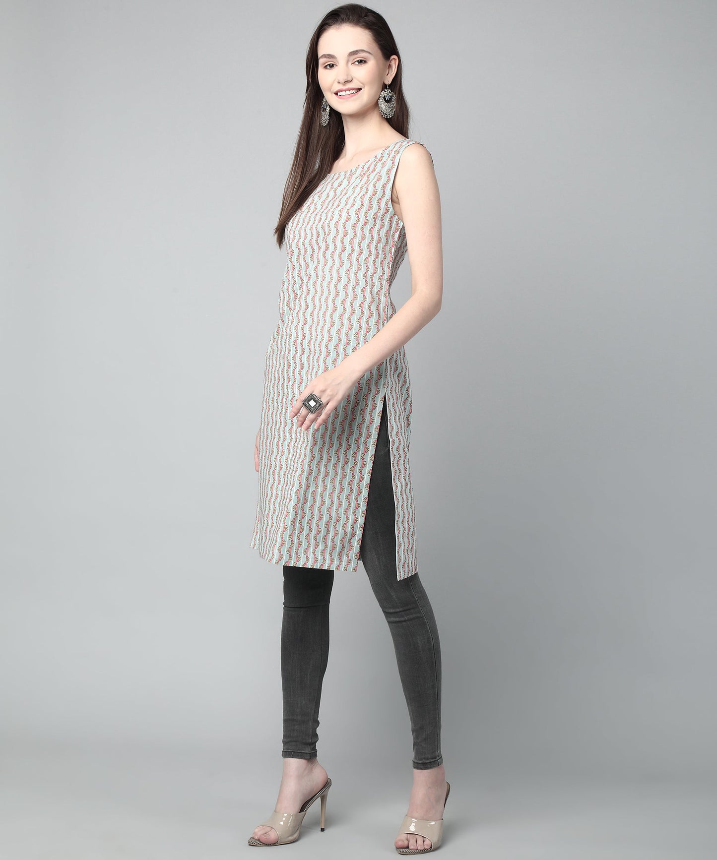 Sleeveless Striped Printed Cotton Kurta, Blue