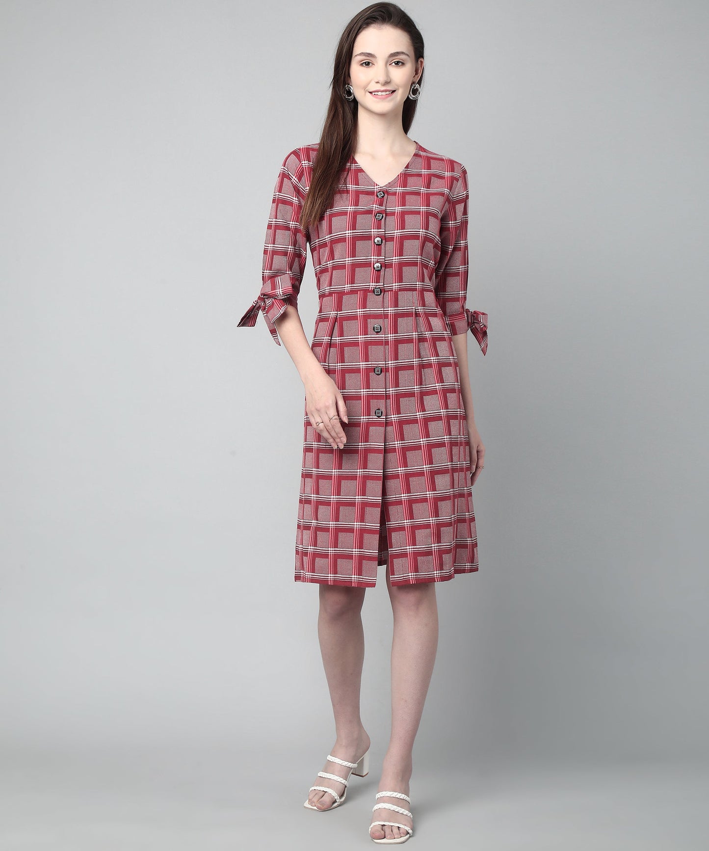 Pleated A-line Dress In Check Pattern ,Red(A-516)