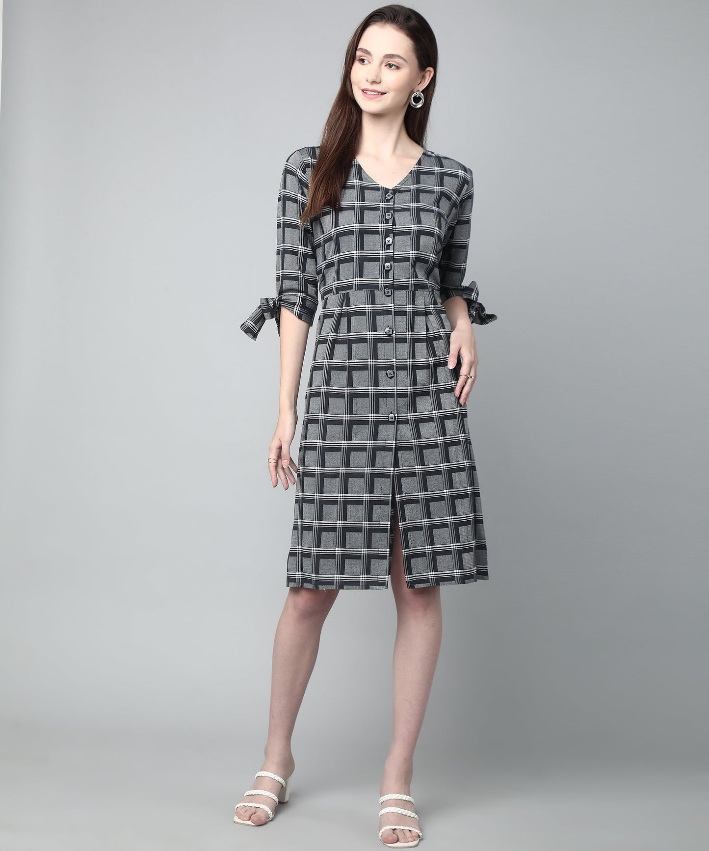 Pleated A-line Dress In Check Pattern, Black