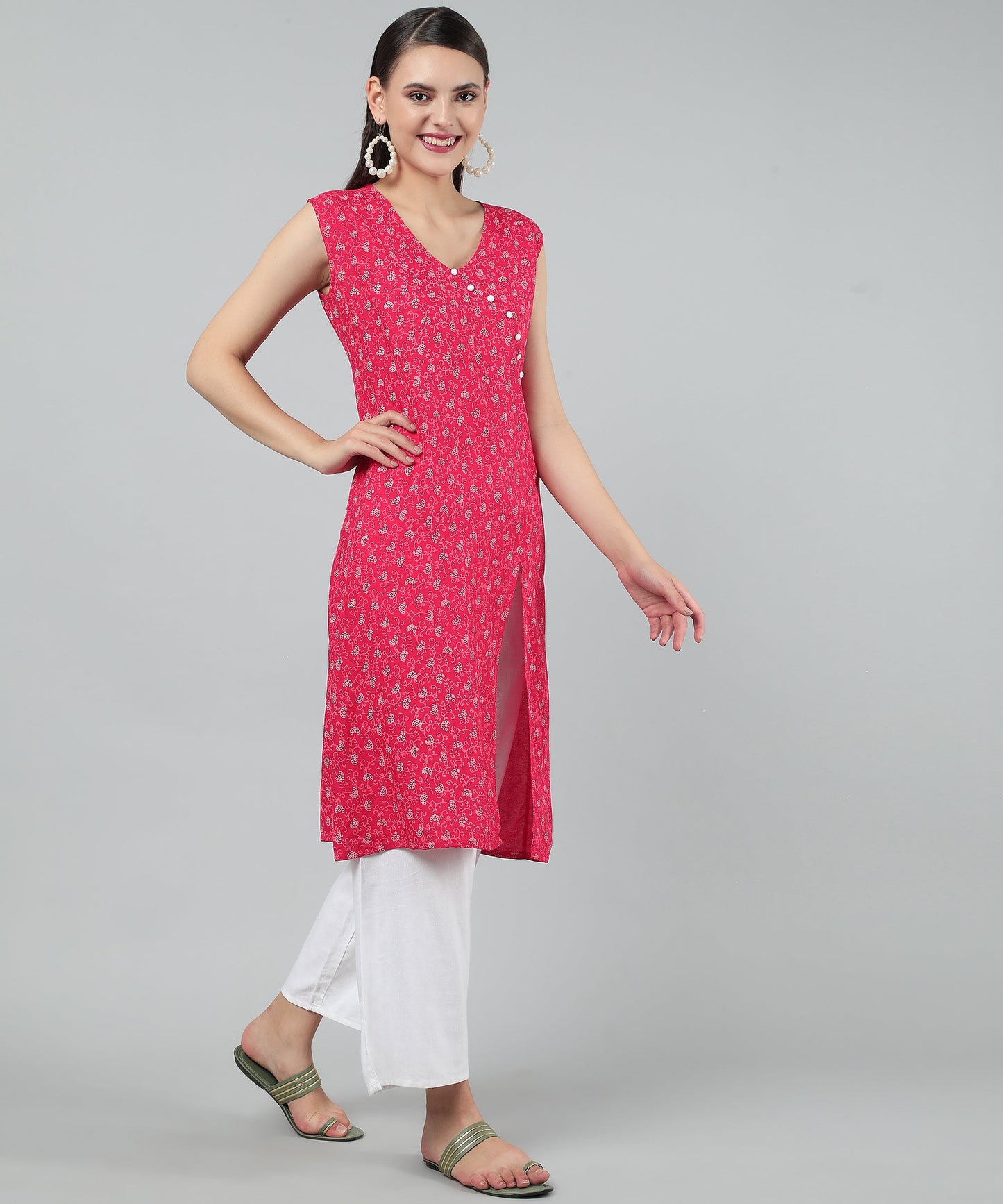 A-Line Stylish Center Slit Sleveeless Printed Cotton Kurti,Pink