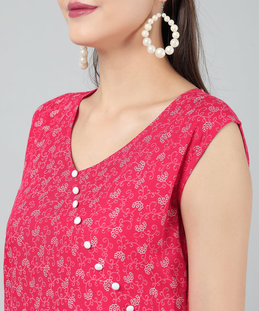 A-Line Stylish Center Slit Sleveeless Printed Cotton Kurti,Pink