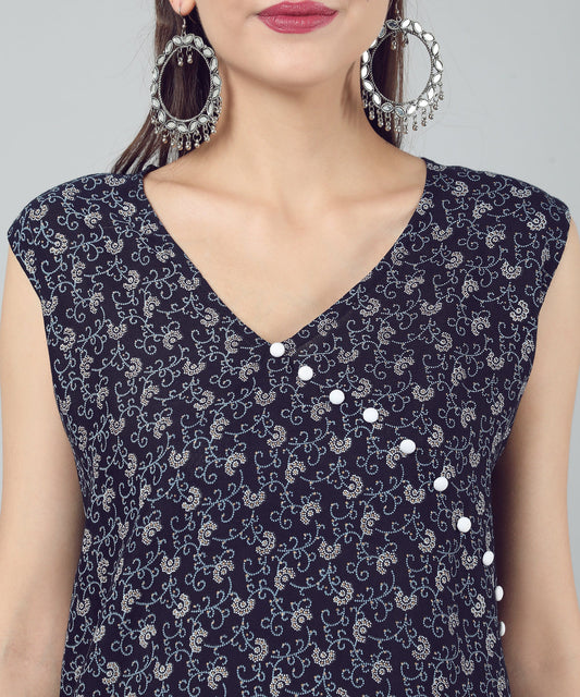 A-Line Stylish Center Slit Sleveeless Printed Cotton Kurti, Blue