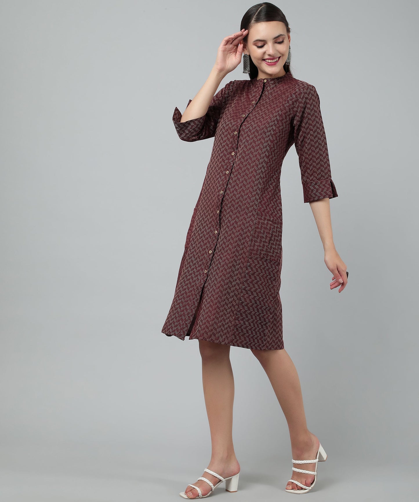 Self Weaved A-line Dress for Women Open Button Design, Maroon
