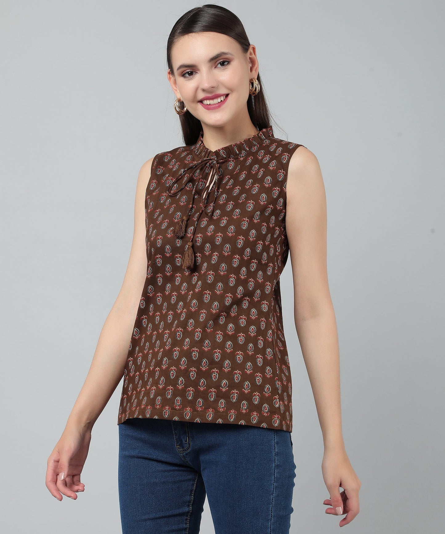 Cotton Printed Top Sleeveless Regular Fit Office Wear Casual Wear Top,Brown