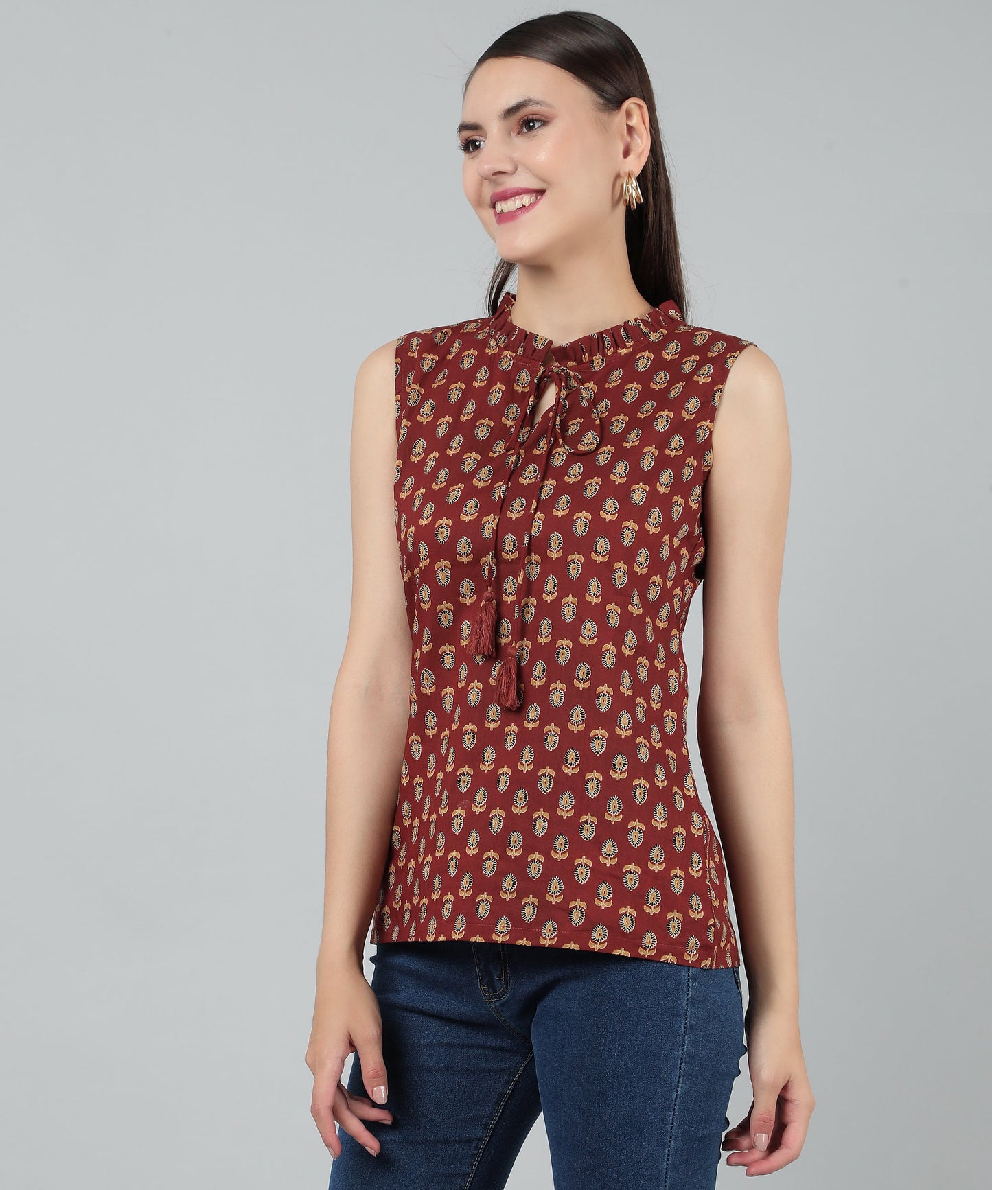 Cotton Printed Sleeveless Regular Fit Office Wear Casual Wear Top, Maroon