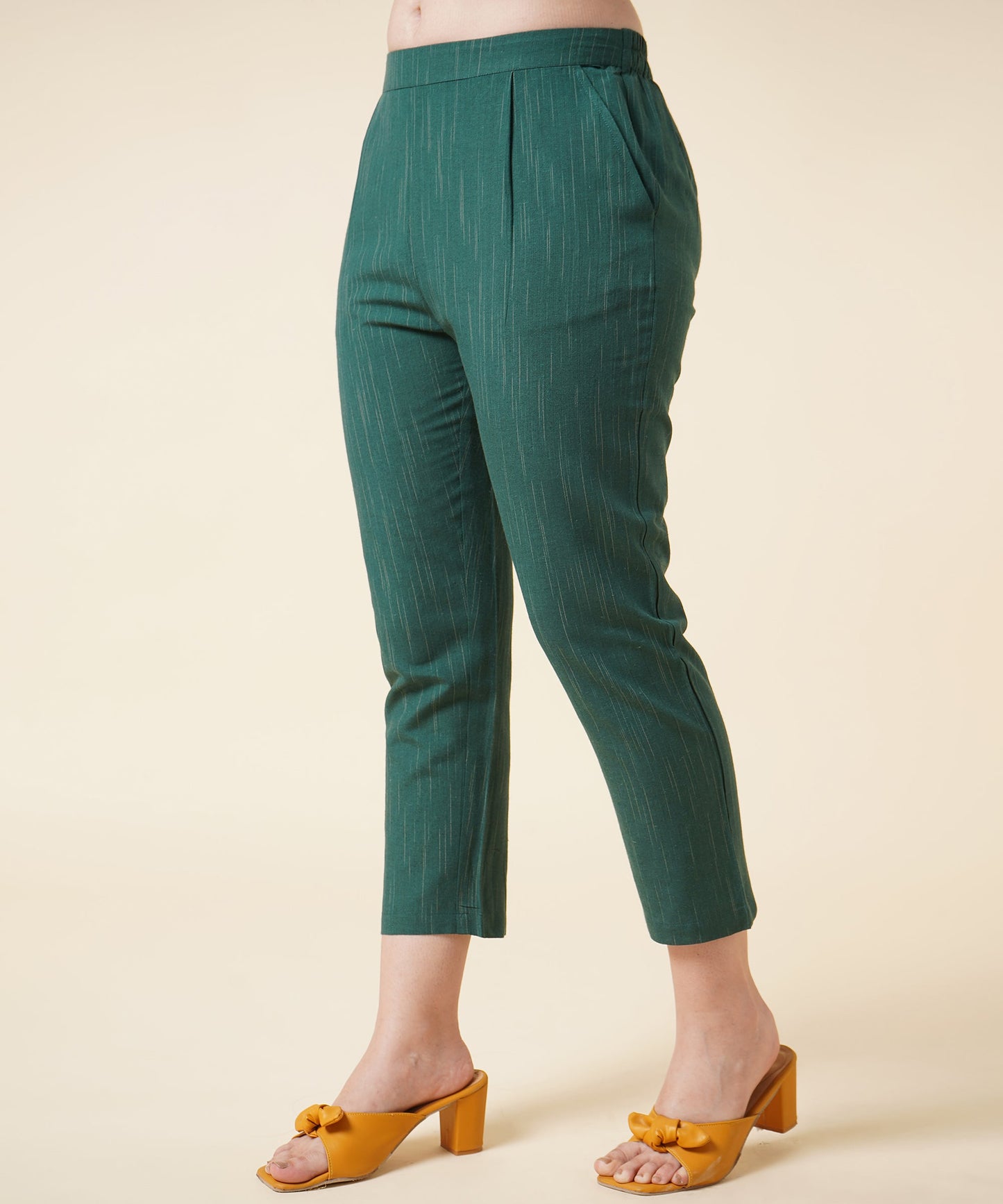 Cotton Kurta Set With Pants Striped Design Pattern, Dark Green