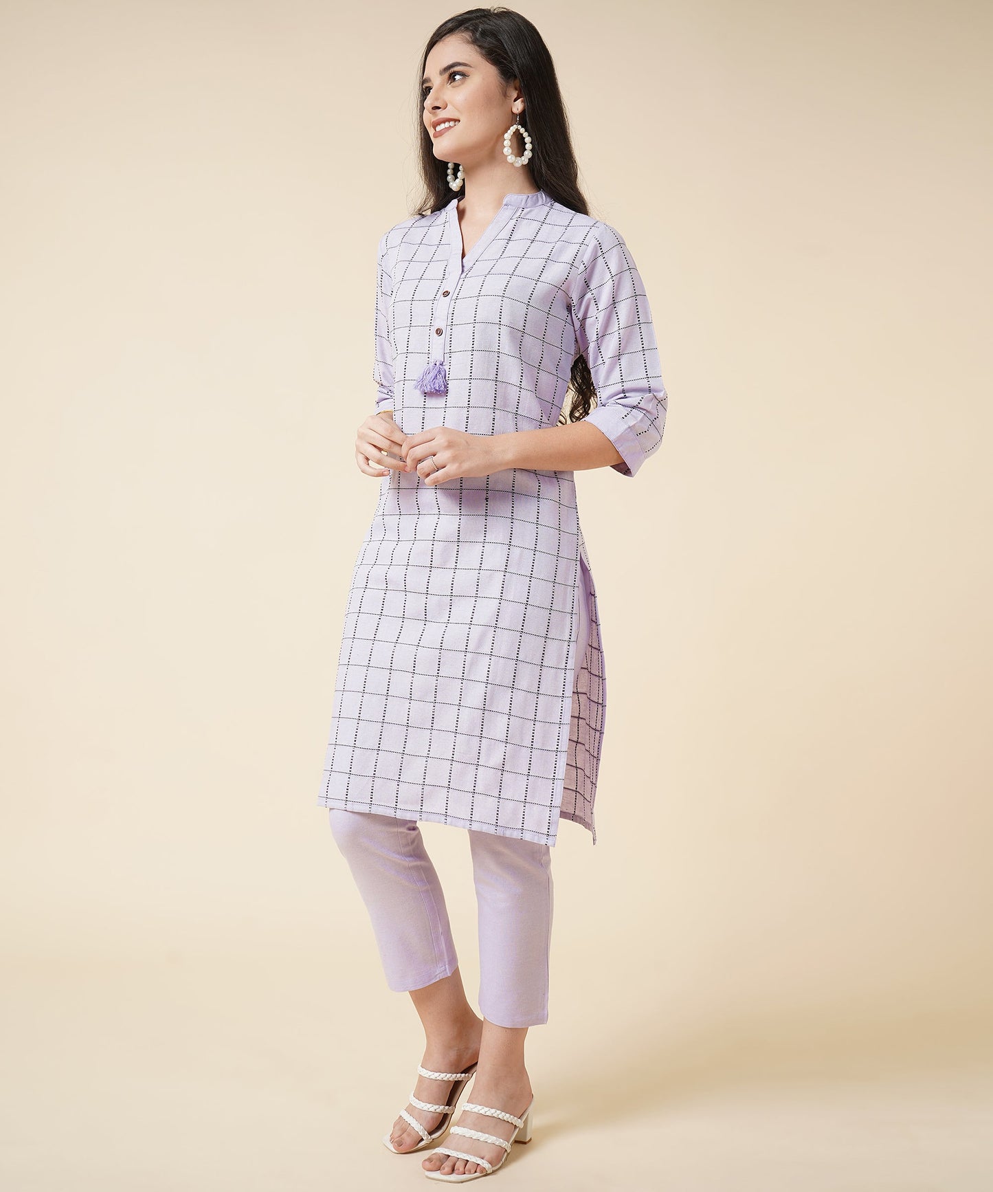 Cotton Kurta Set With Pants Check Design Pattern, Lavender