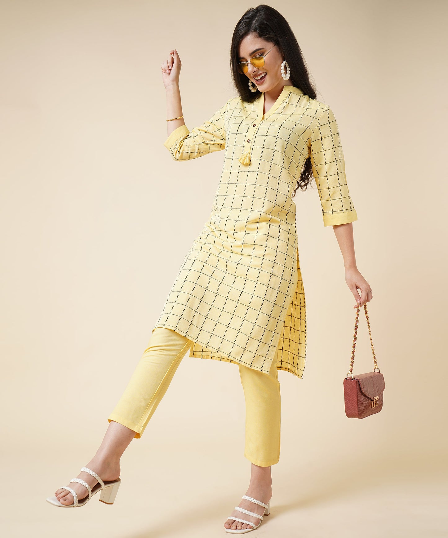 Cotton Kurta Set With Pants Check Design Pattern, Yellow