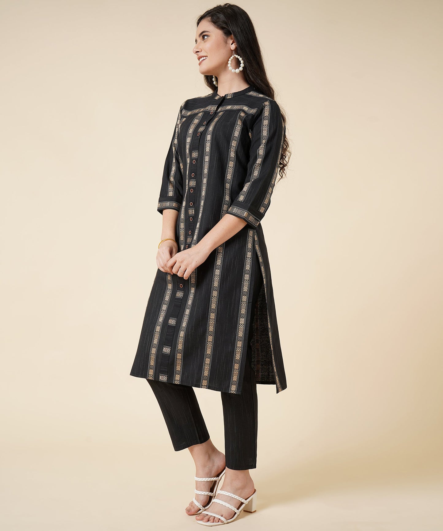 Cotton Kurta Set With Pants Striped Design Pattern,Black