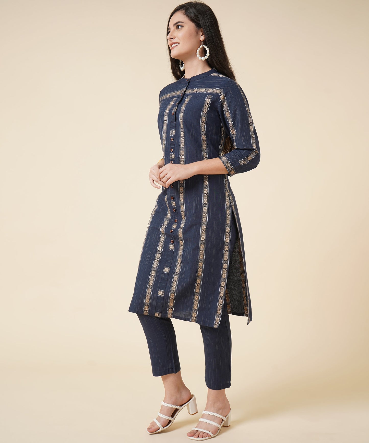 Cotton Kurta Set With Pants Striped Design Pattern, Navy Blue