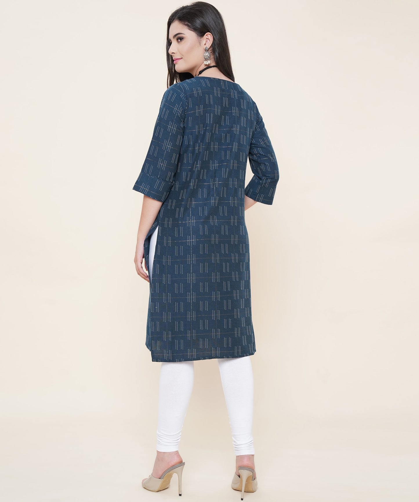 Cotton Self Weaved Kurta Design with Golden Button, Blue