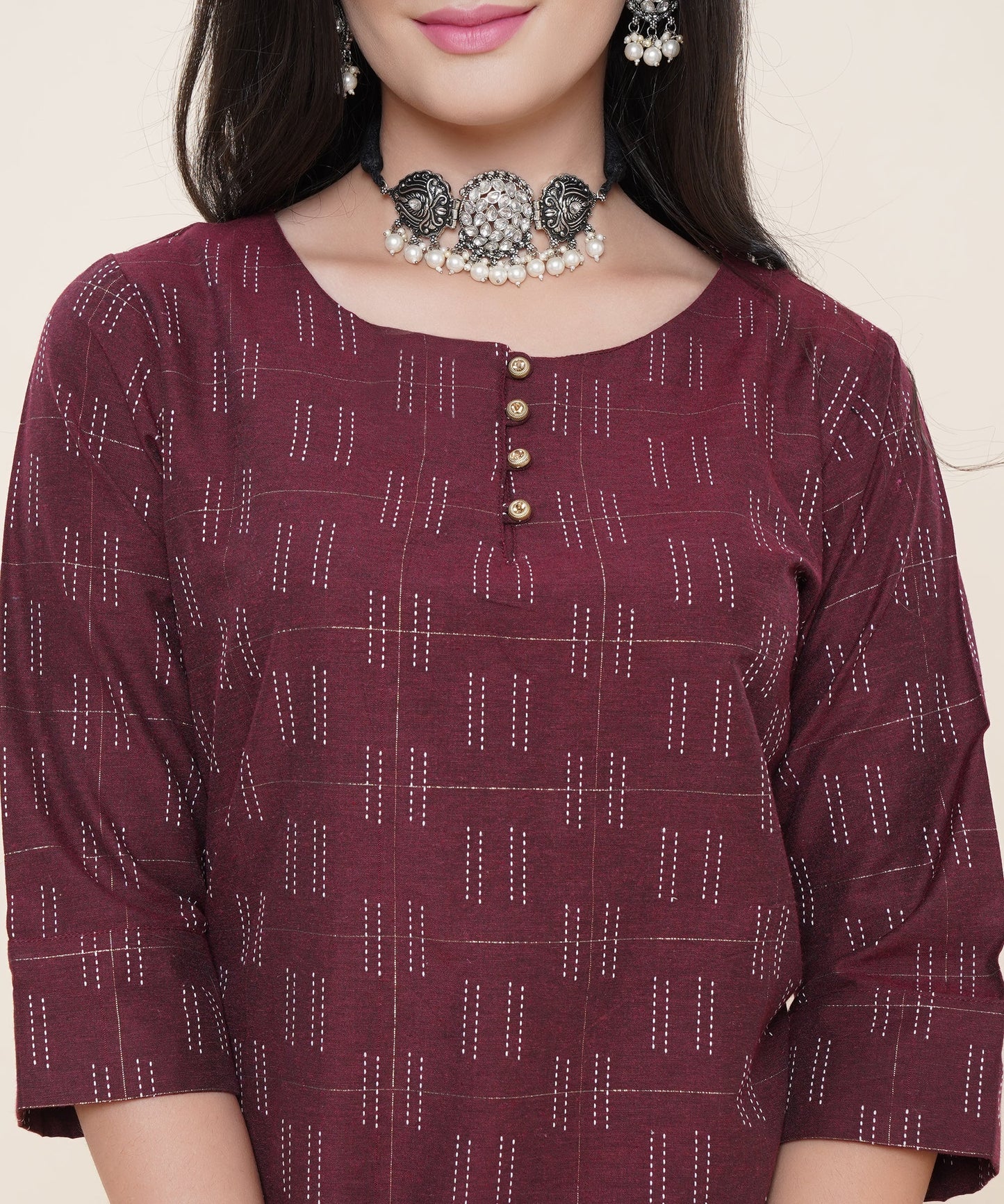 Cotton Self Weaved Kurta Design with Golden Button, Maroon