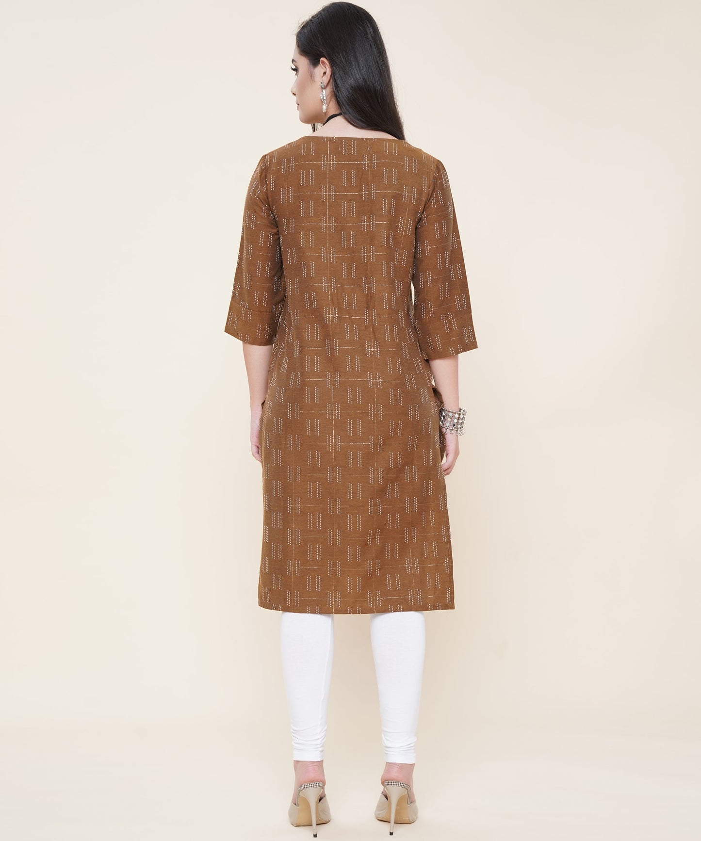 Cotton Self Weaved Kurta Design with Golden Button, Brown