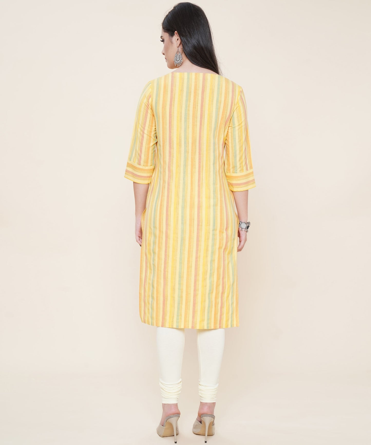 Cotton Self Weaved Multi Strip Kurta Design, Yellow
