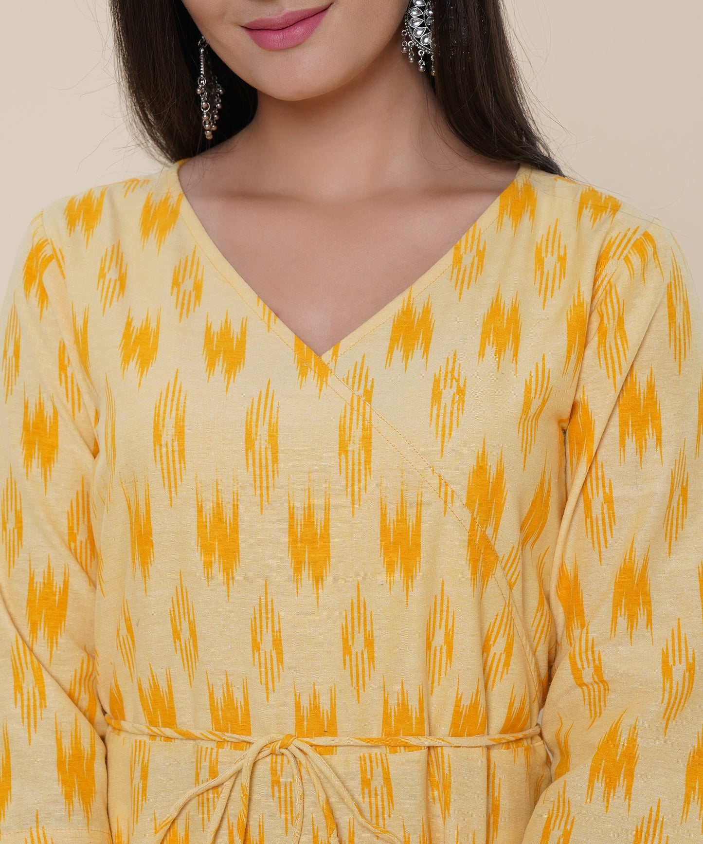 Cotton Printed Angrakha Style Kurta Design, Yellow