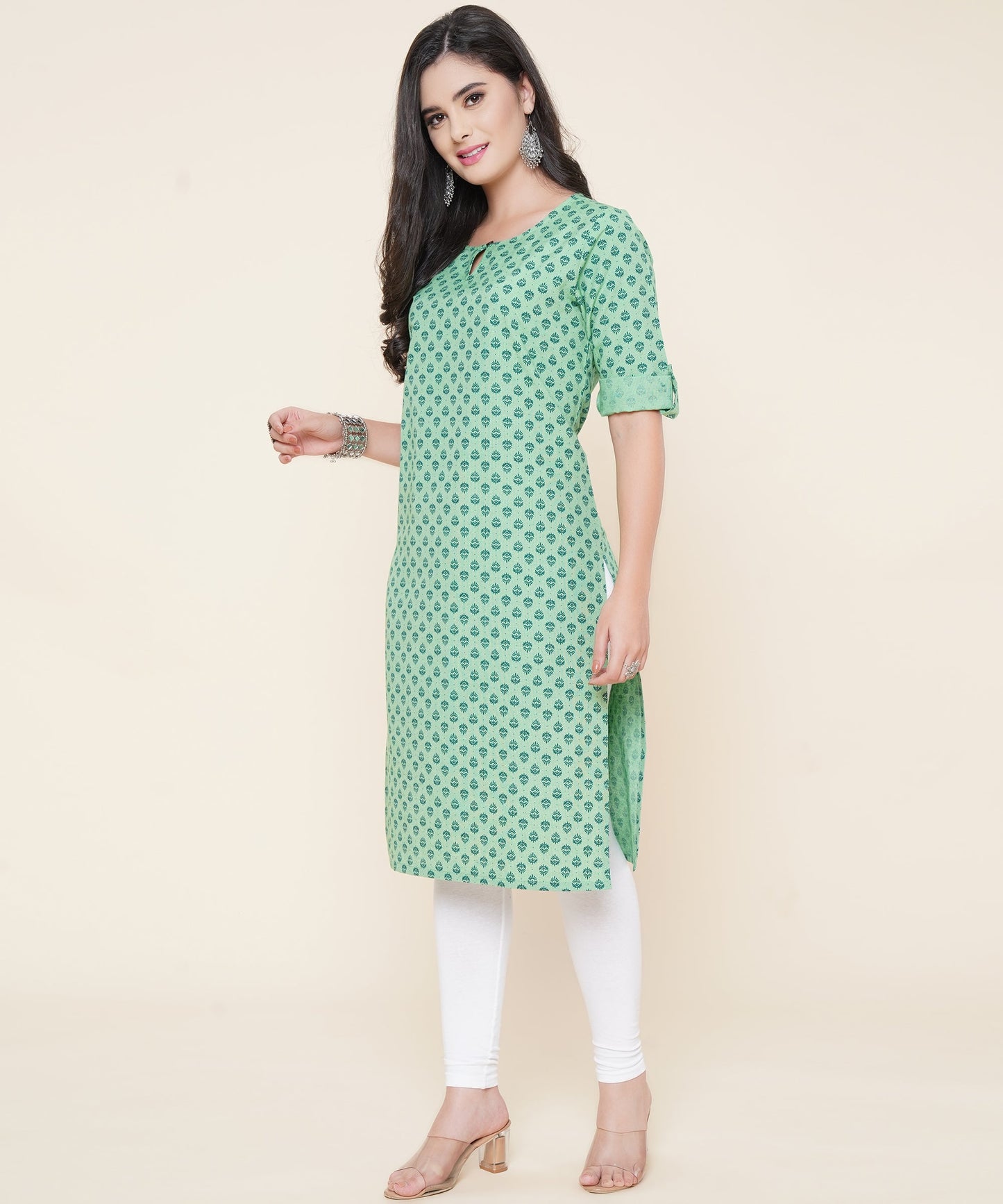 Cotton Printed Kurta Design with Tap Sleeve Button Style, Green