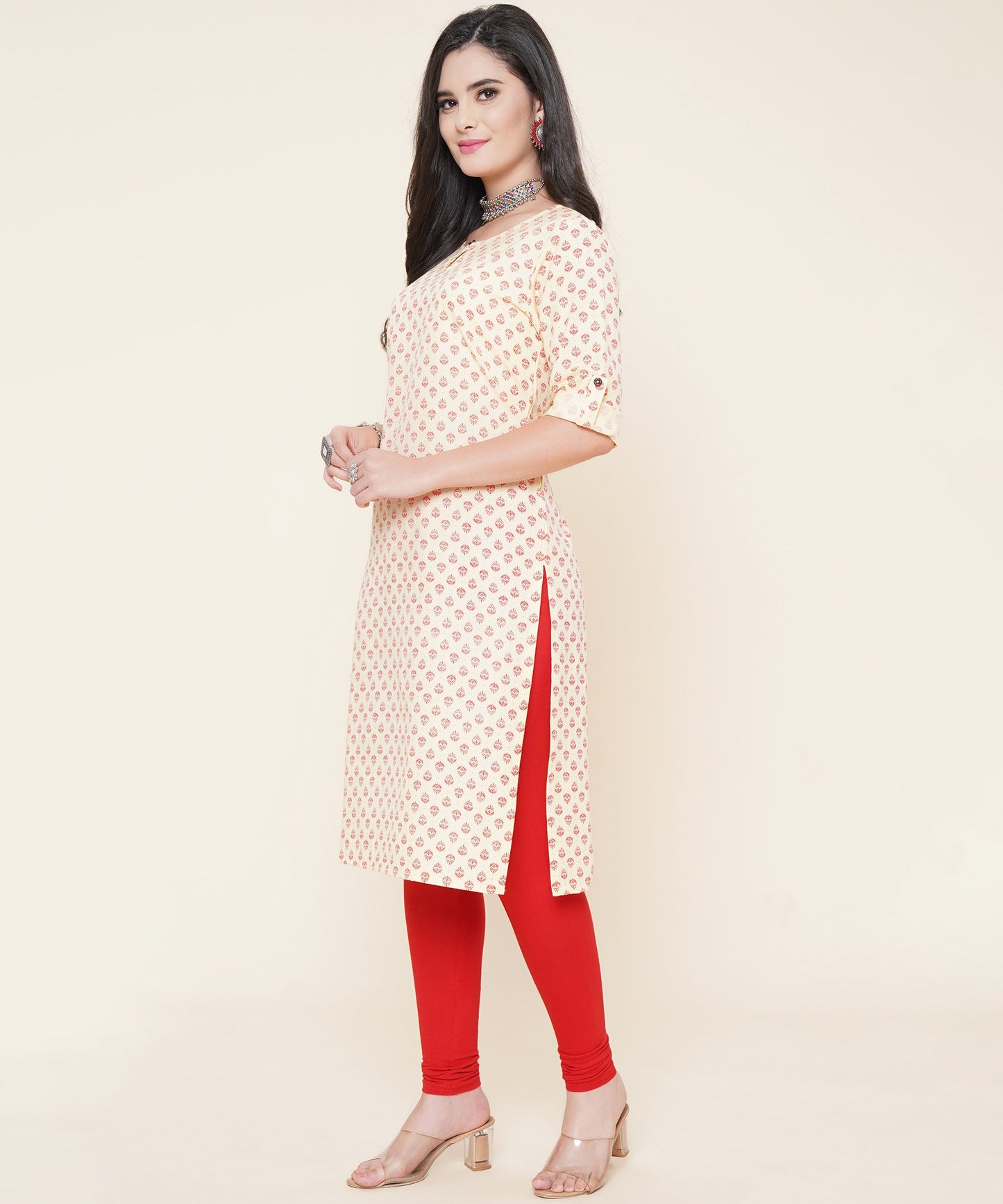 Cotton Printed Kurta Design with Tap Sleeve Button Style, Yellow