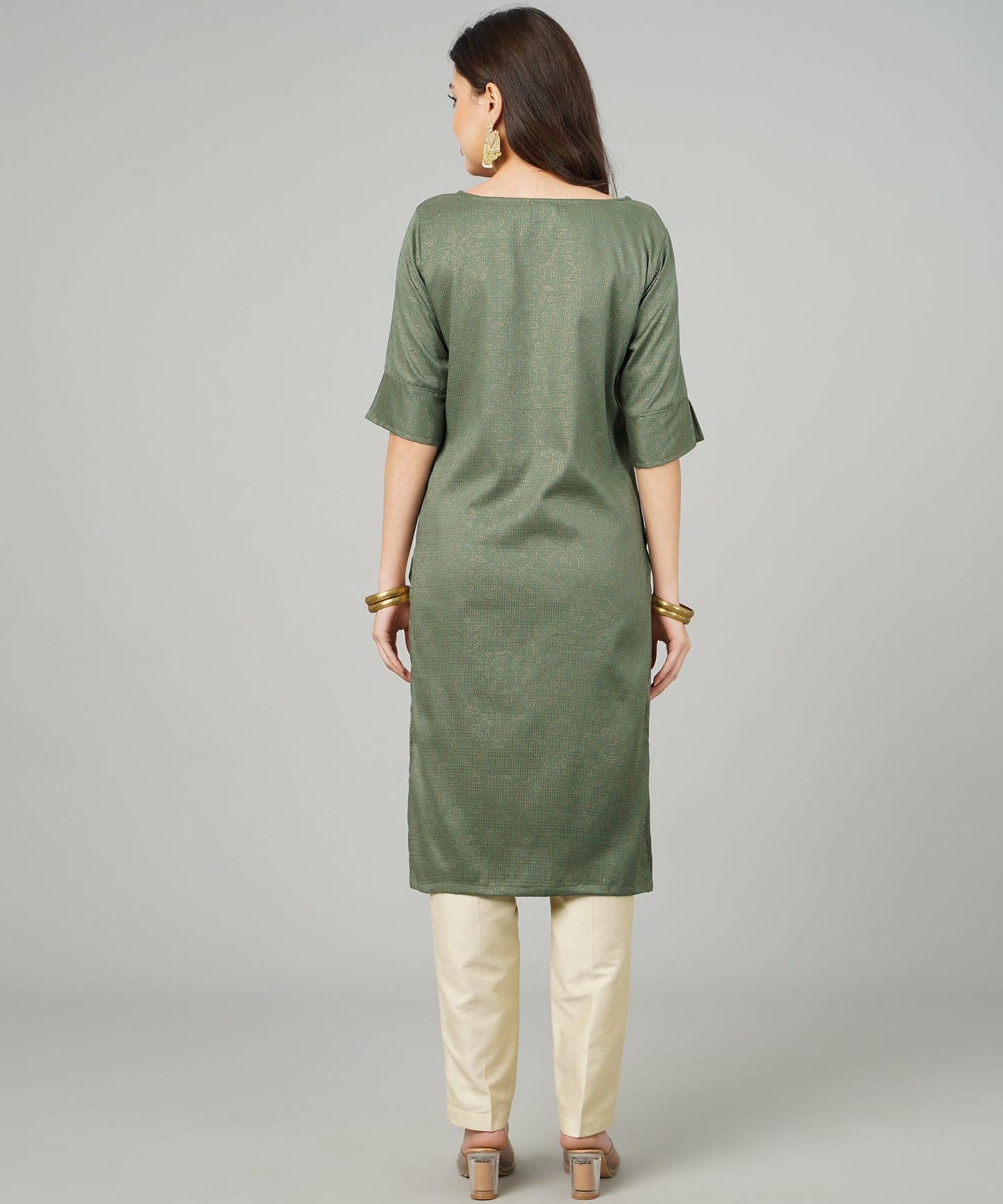 ANUSHIL Cotton Gold Print Sweatheart Neck Elbow Sleeves Straight Kurti for Women's, and Girl's (Green)