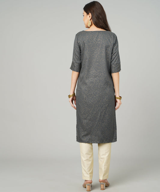 ANUSHIL Cotton Gold Print Sweatheart Neck Elbow Sleeves Straight Kurti for Women's, and Girl's (Grey)