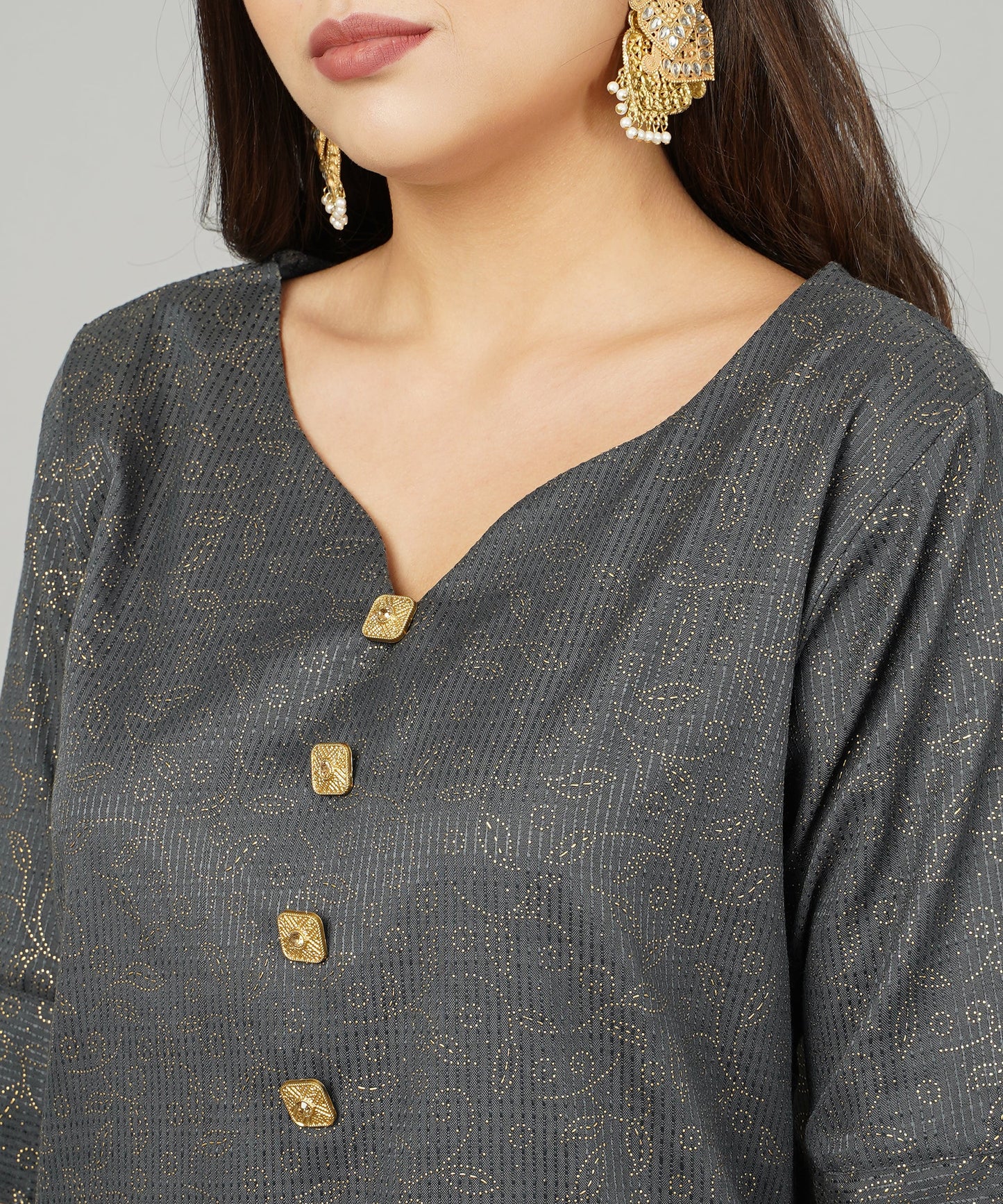 ANUSHIL Cotton Gold Print Sweatheart Neck Elbow Sleeves Straight Kurti for Women's, and Girl's (Grey)