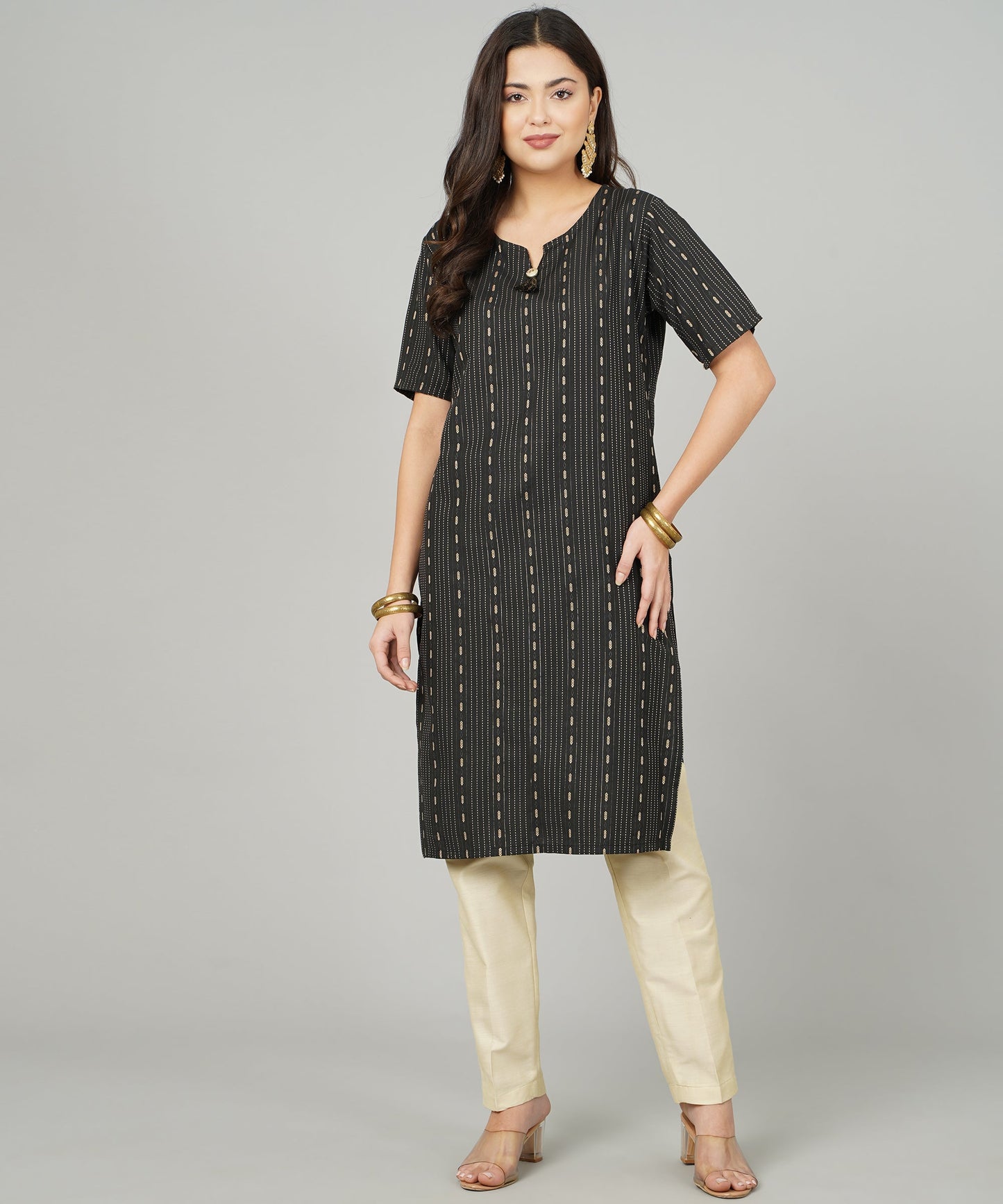 Cotton Dobby Woven Design V- Neck Elbow Sleeves Knee Length Kurta for Women's(Colour-Black)