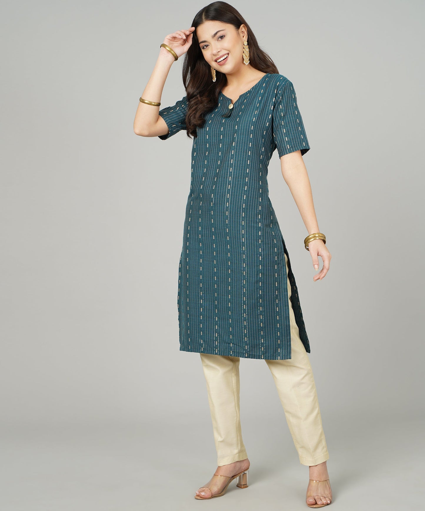 Cotton Dobby Woven Design V- Neck Elbow Sleeves Knee Length Kurta for Women's(Colour-Blue)