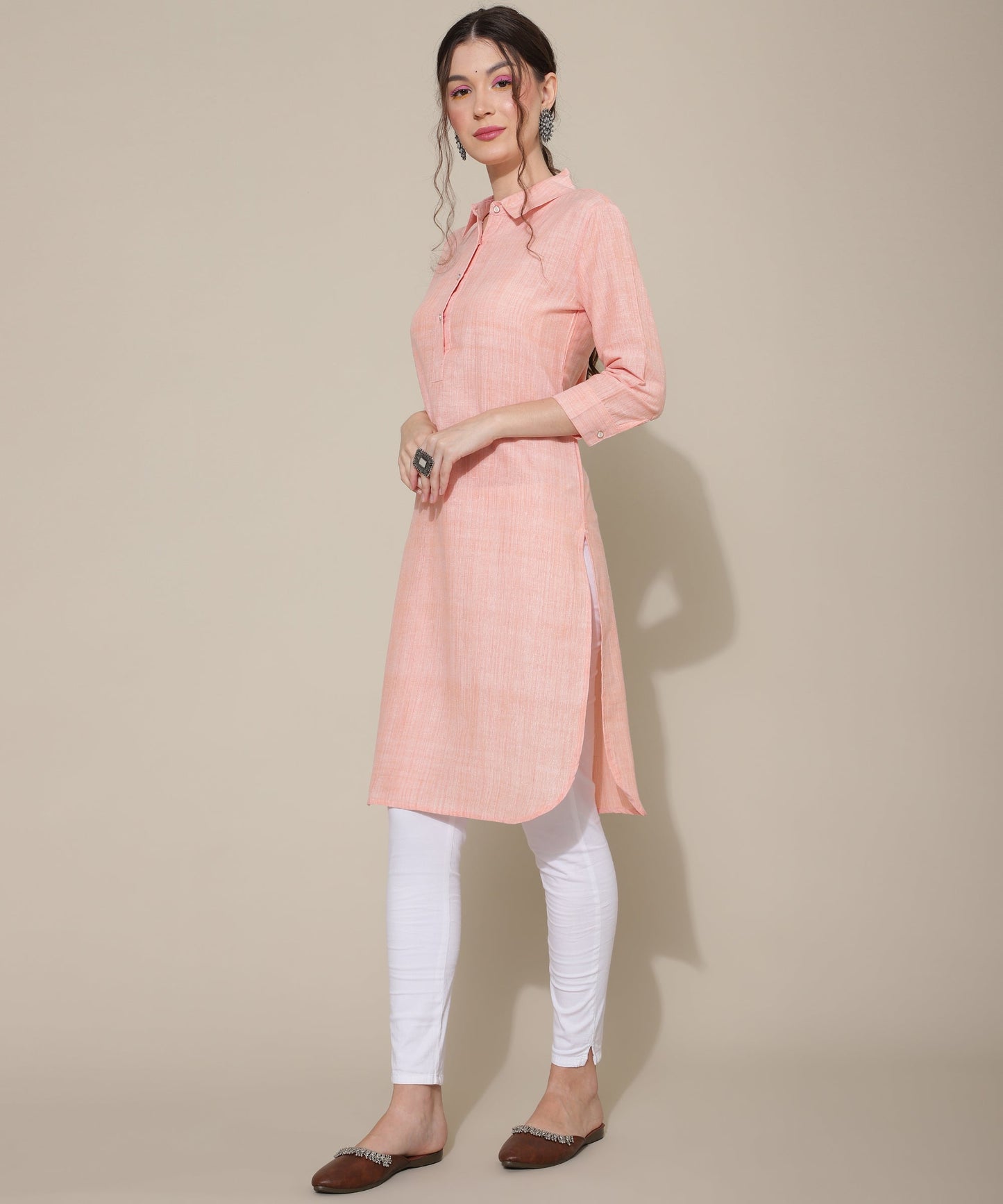 Cotton Kurta Collar Design Pattern with Button Style, Orange