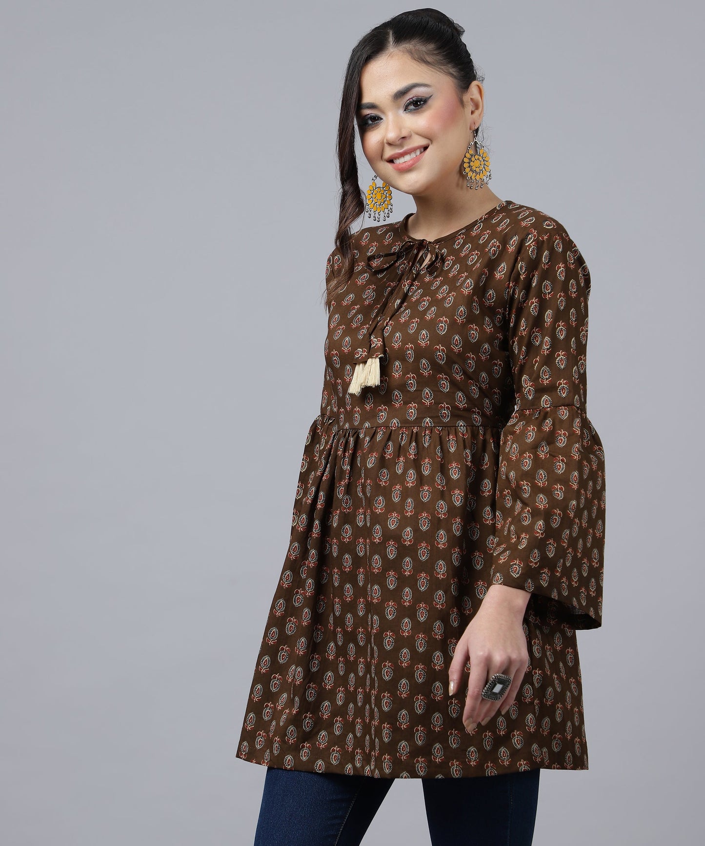 ANUSHIL Women's Cotton Cambric Printed Peplum Top - Stylish and Comfortable-Ideal for All Seasons(Brown)