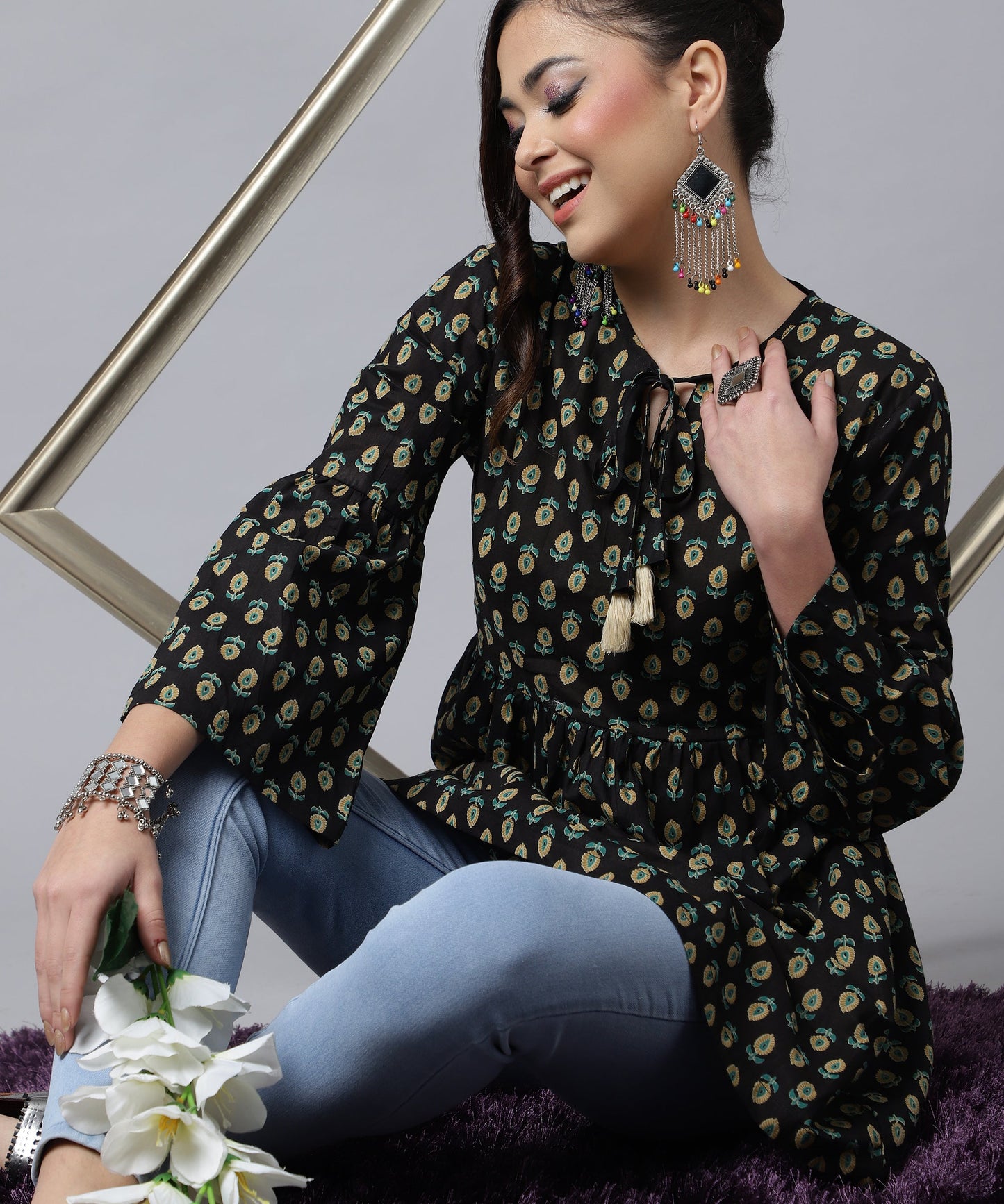 ANUSHIL Women's Cotton Cambric Printed Peplum Top - Stylish and Comfortable-Ideal for All Seasons(Black)