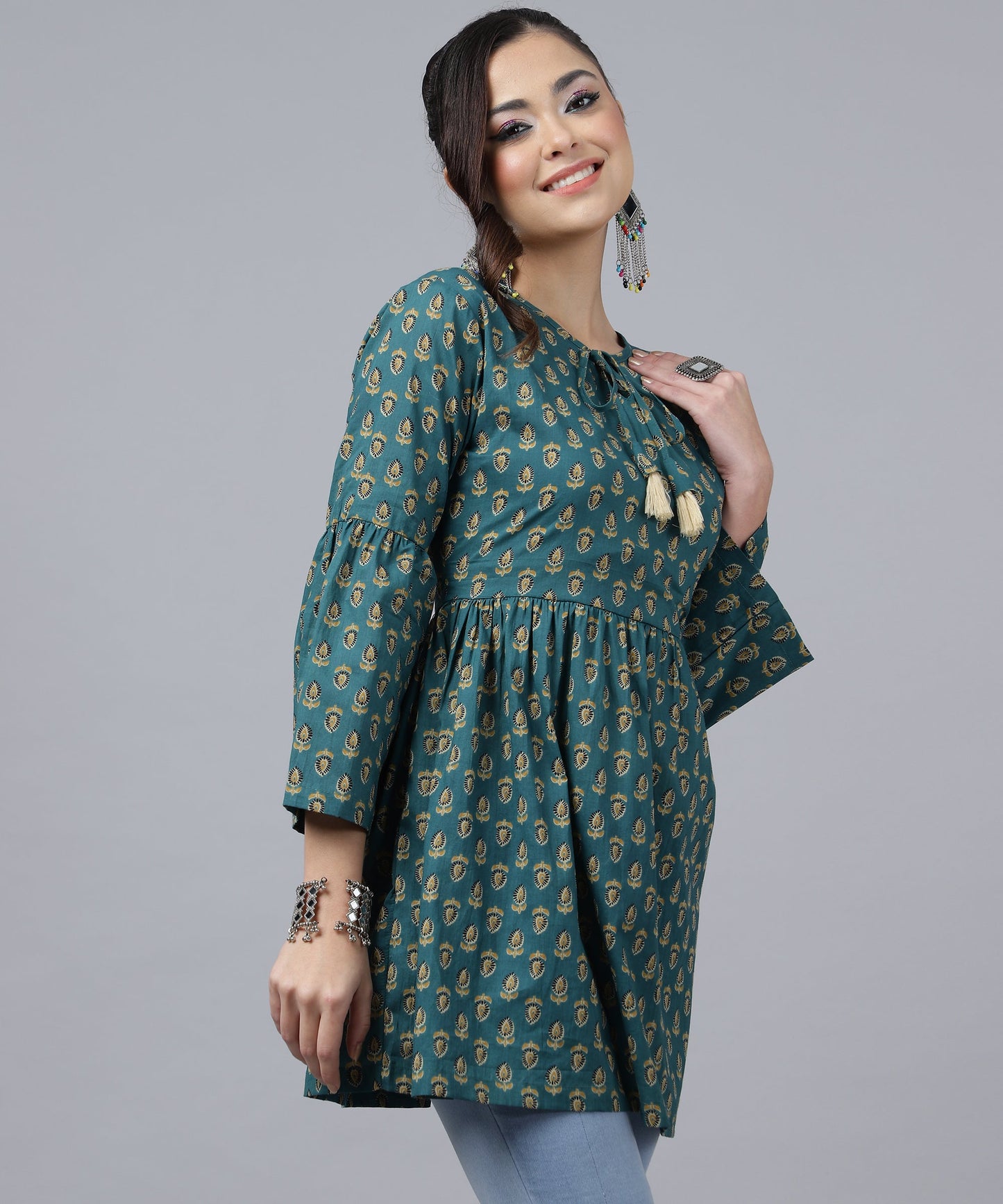 ANUSHIL Women's Cotton Cambric Printed Peplum Top - Stylish and Comfortable-Ideal for All Seasons(Green)