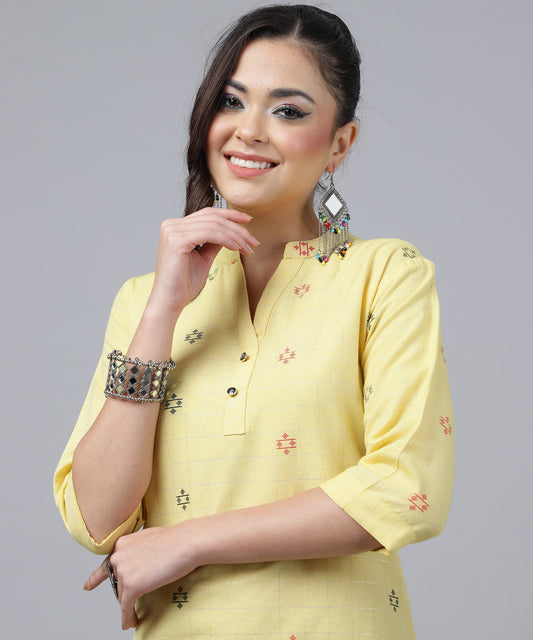 ANUSHIL Kurta Pant Set with Dupatta: Stunning V-Neck Lurex Checks and Embroidery, 3/4 Sleeves, Self-Design Pocket, Cotton Fabric(Yellow)