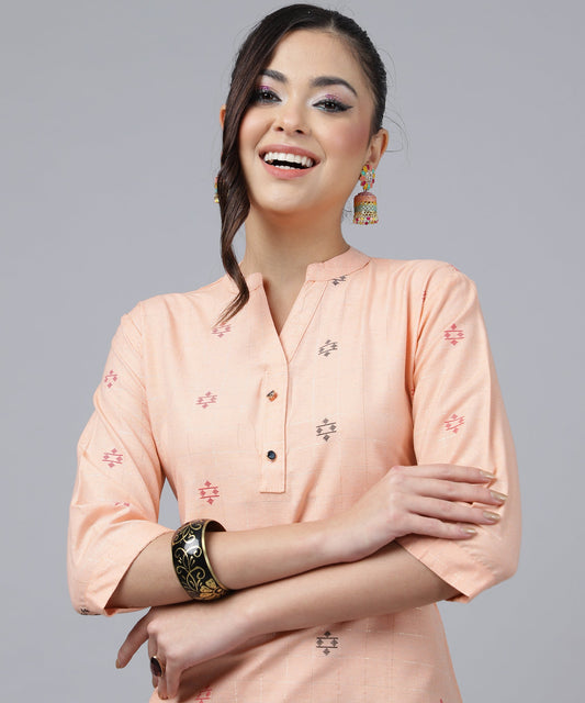 ANUSHIL Kurta Pant Set with Dupatta: Stunning V-Neck Lurex Checks and Embroidery, 3/4 Sleeves, Self-Design Pocket, Cotton Fabric(Peach)