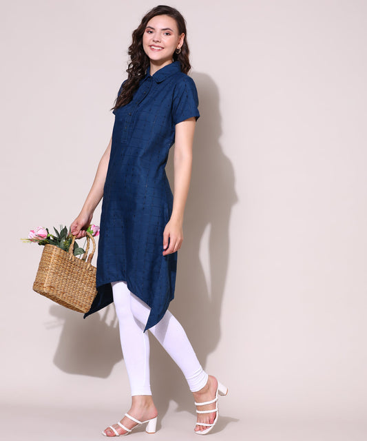 Check Style Stylish Lurex Weave Designer Kurti , Blue