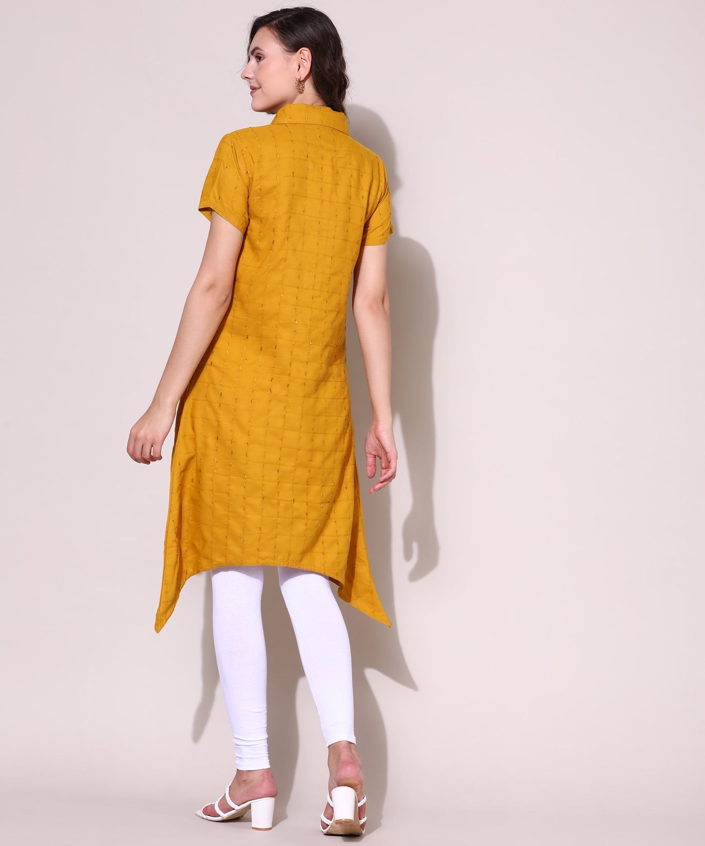 Check Style Stylish Lurex Weave Designer Kurti , Yellow