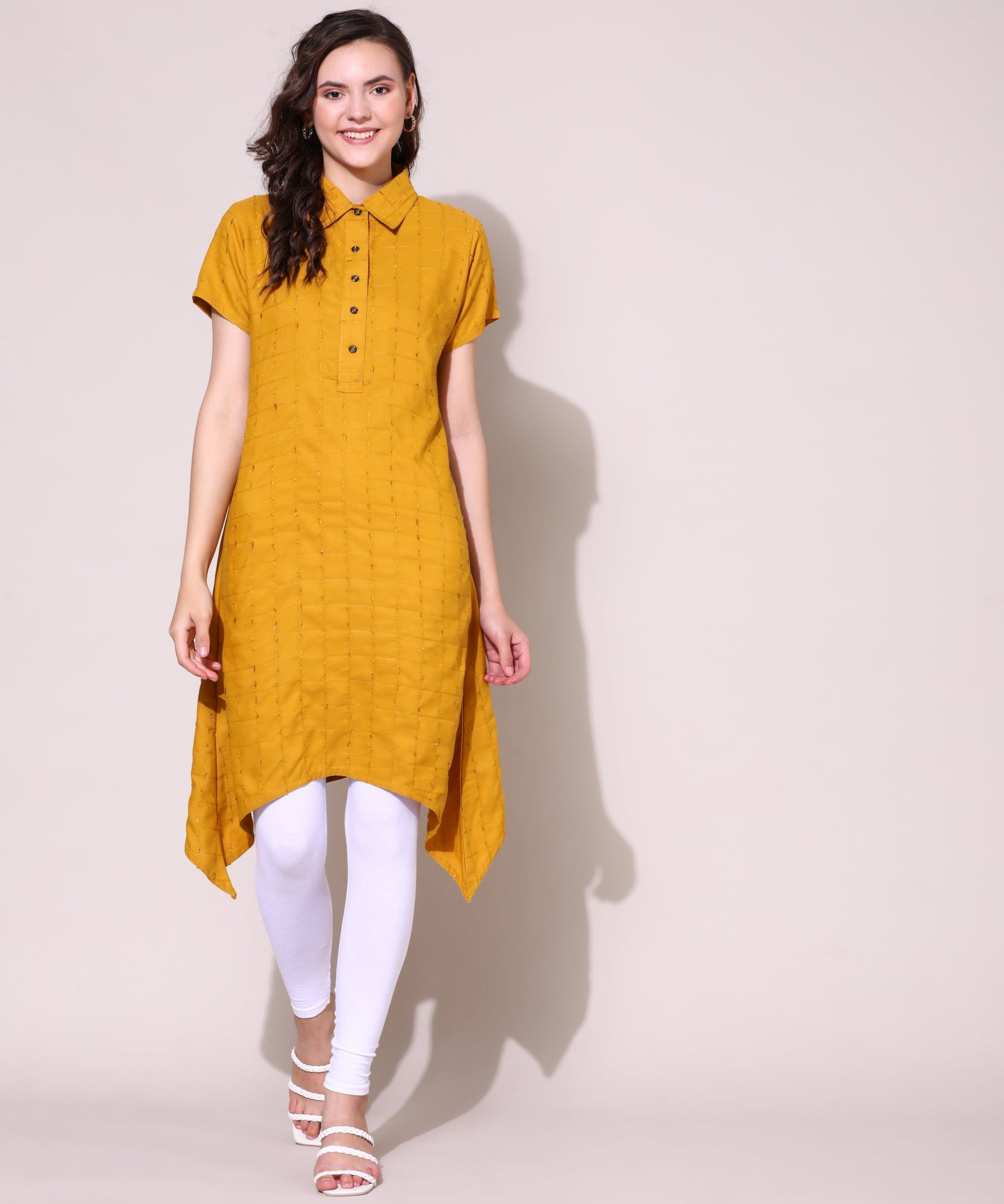 Check Style Stylish Lurex Weave Designer Kurti , Yellow